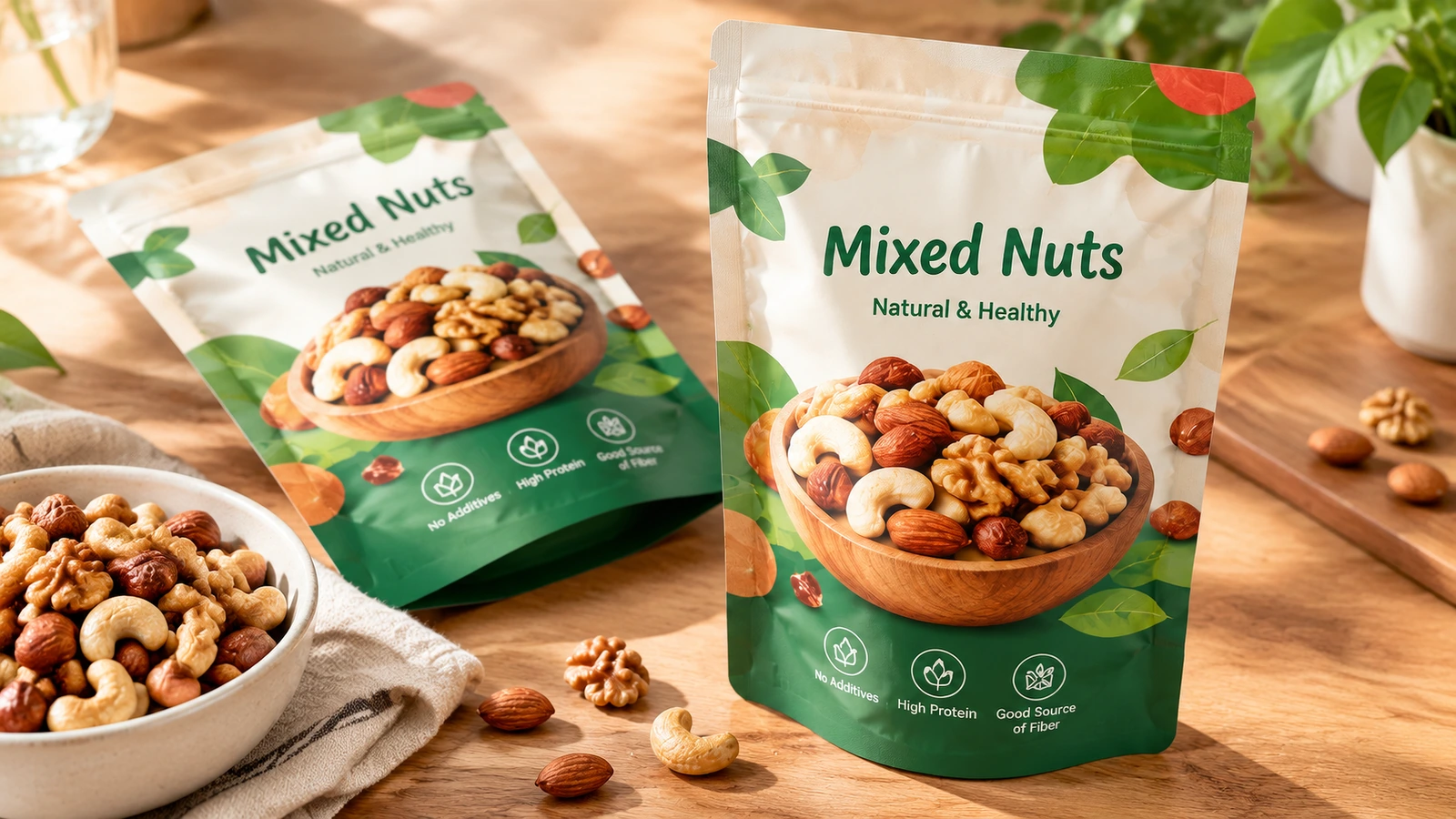 Sachets de mélange de fruits à coque debout et à plat, à côté d'un bol de fruits à coque