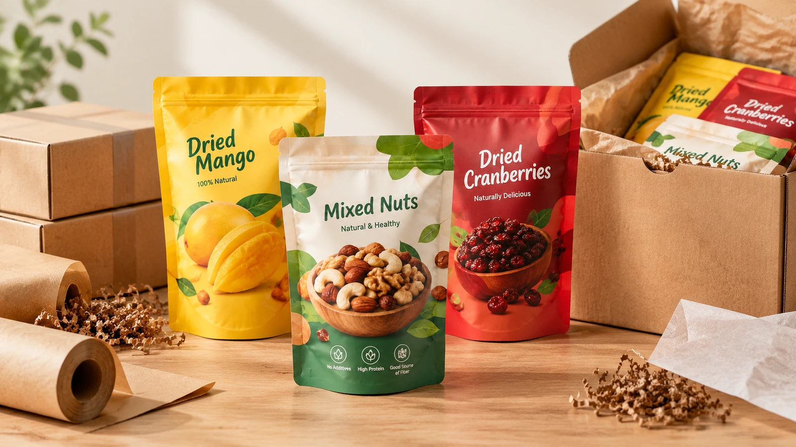 Sachets snack imprimés à côté de cartons d'expédition et de matériaux d'emballage