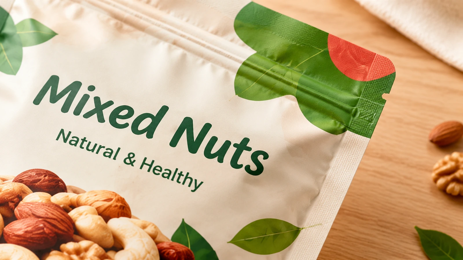 Gros plan de la face imprimée et de la fermeture refermable d'un sachet de mélange de fruits à coque