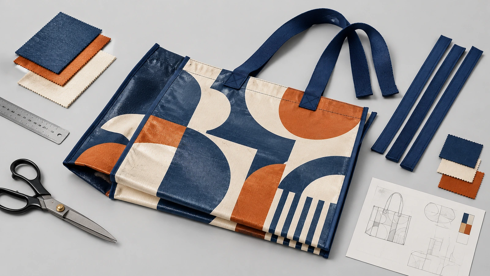 Cabas à motifs et matériaux de fabrication Cabas à motifs bleu marine, orange et crème, avec pièces de tissu, anses, ciseaux et schéma de sac