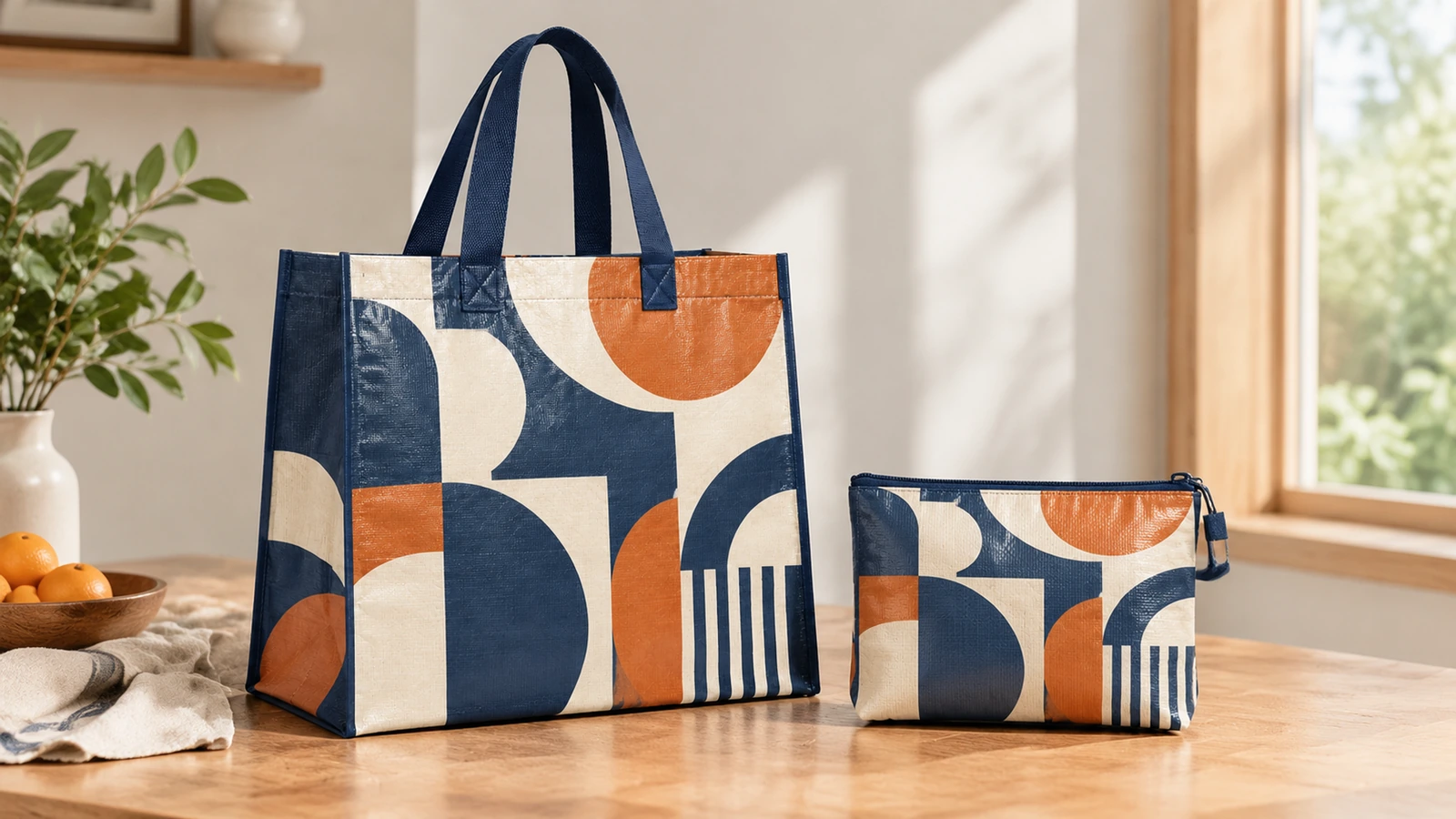 Cabas à motifs et pochette assortie Cabas à motifs géométriques et pochette assortie à fermeture éclair sur une table en bois