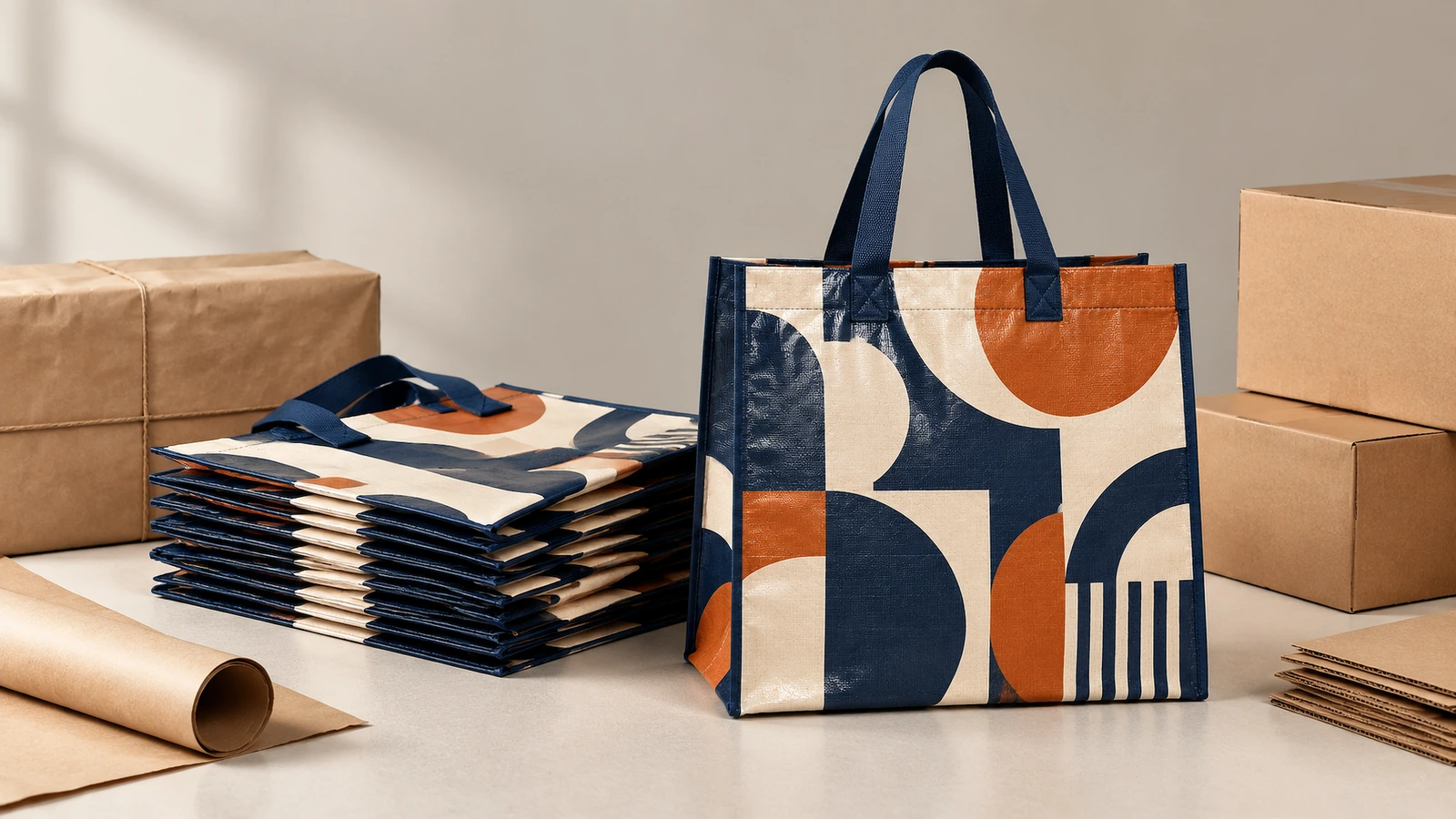 Cabas à motifs et sacs pliés pour l'emballage Cabas à motifs debout et sacs pliés à côté de cartons unis