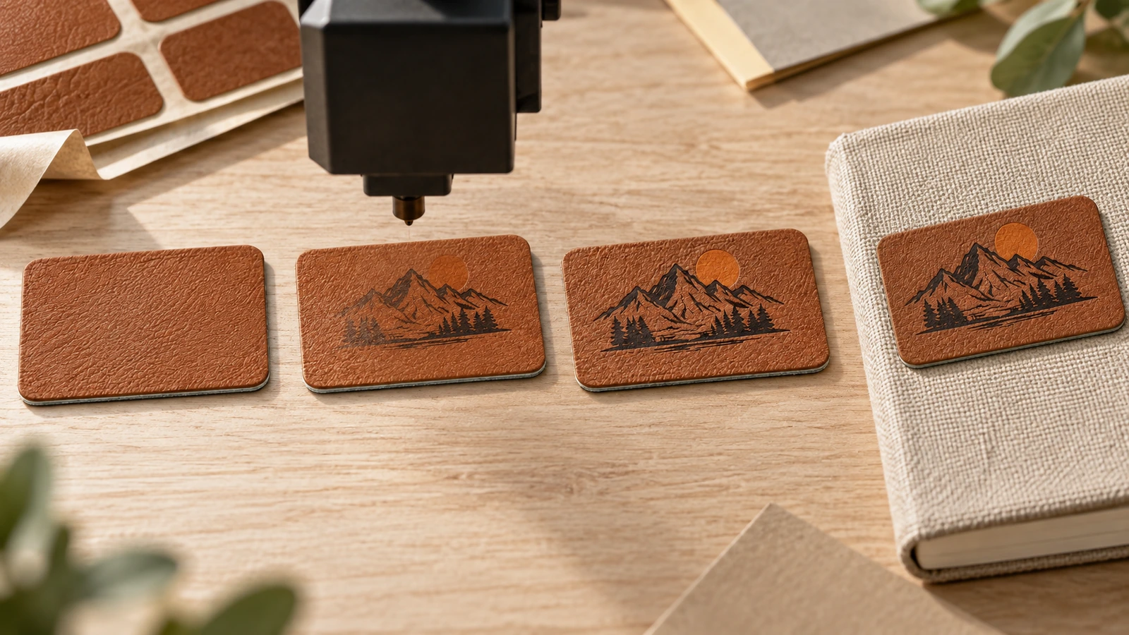 Échantillons d'étiquettes en cuir PU marron sous une tête de gravure, avec une étiquette finie sur un carnet recouvert de tissu