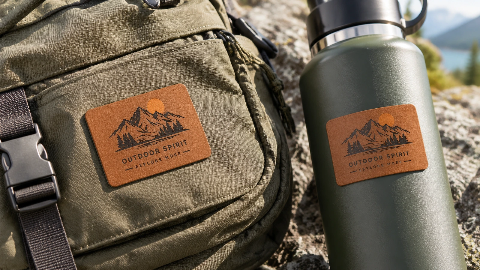 Étiquettes en cuir PU marron à logo montagne sur un sac à dos vert et une bouteille verte