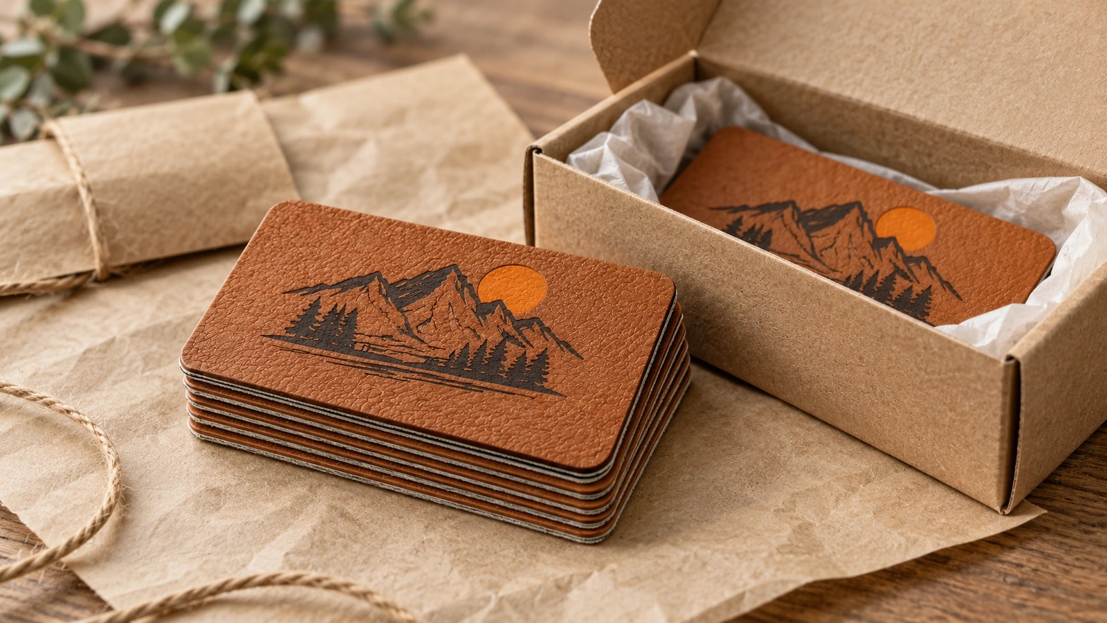 Étiquettes en cuir PU marron à logo montagne empilées à côté d'une boîte kraft ouverte