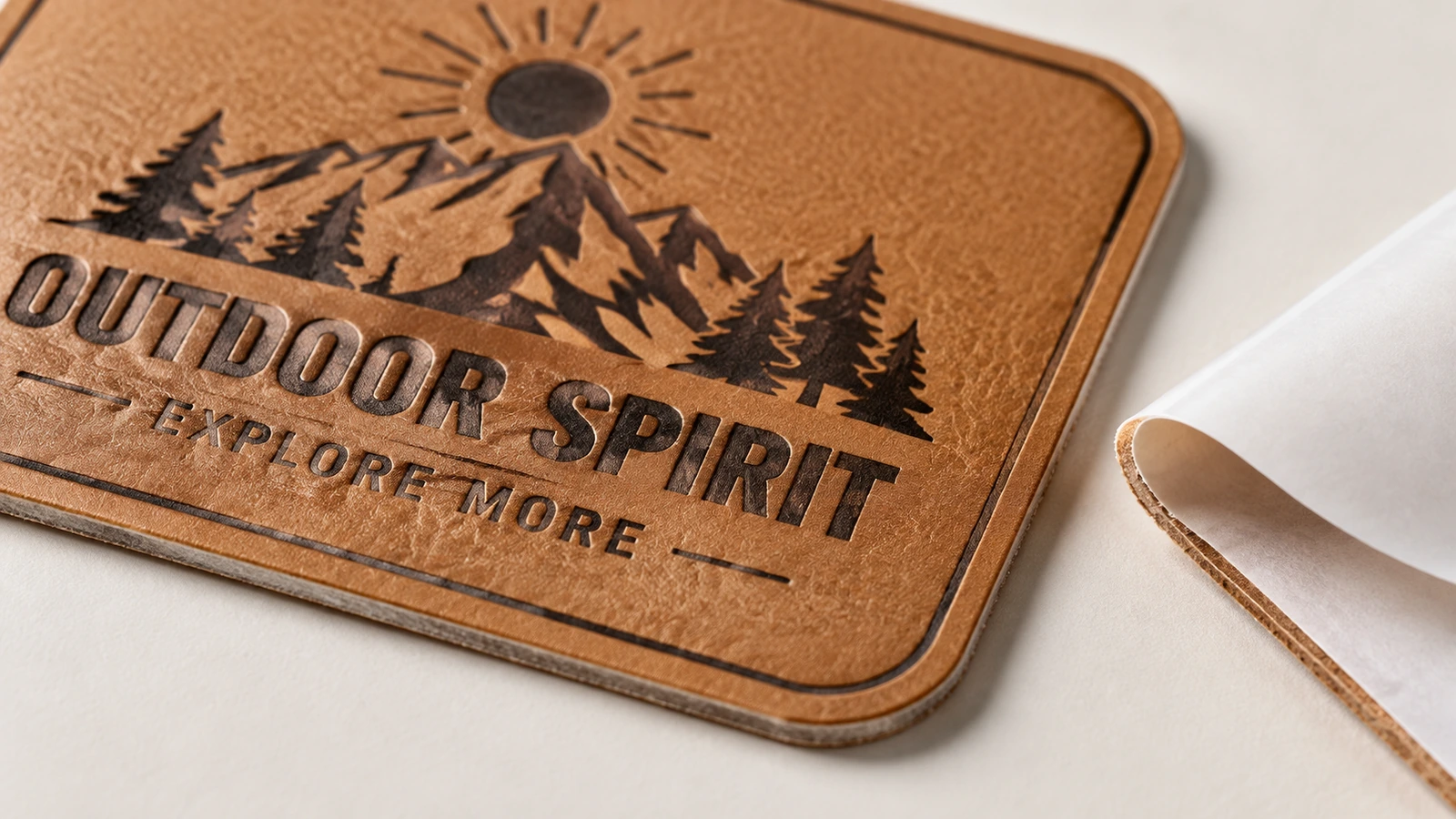 Gros plan d'une étiquette en cuir PU marron texturée avec le logo montagne Outdoor Spirit
