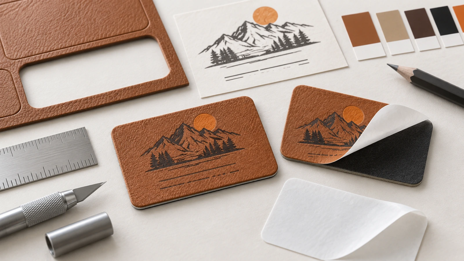 Étiquettes logo en cuir PU marron avec illustration de montagne, nuanciers de couleurs et support protecteur décollé
