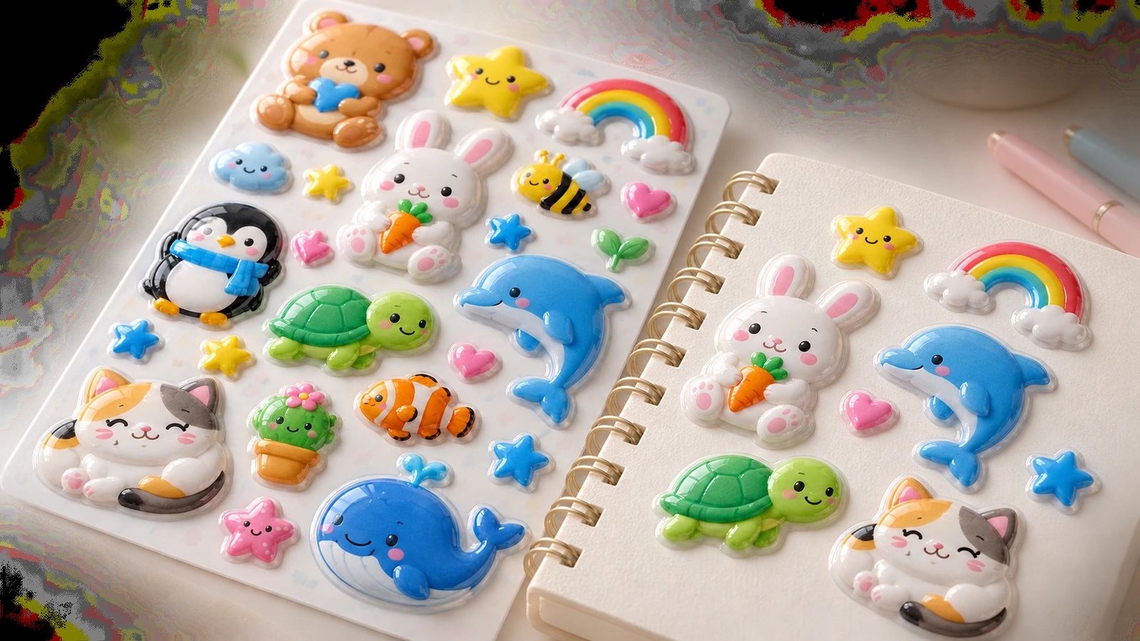 Feuille d'autocollants gonflants animaux à côté d'un carnet à spirale décoré d'autocollants assortis