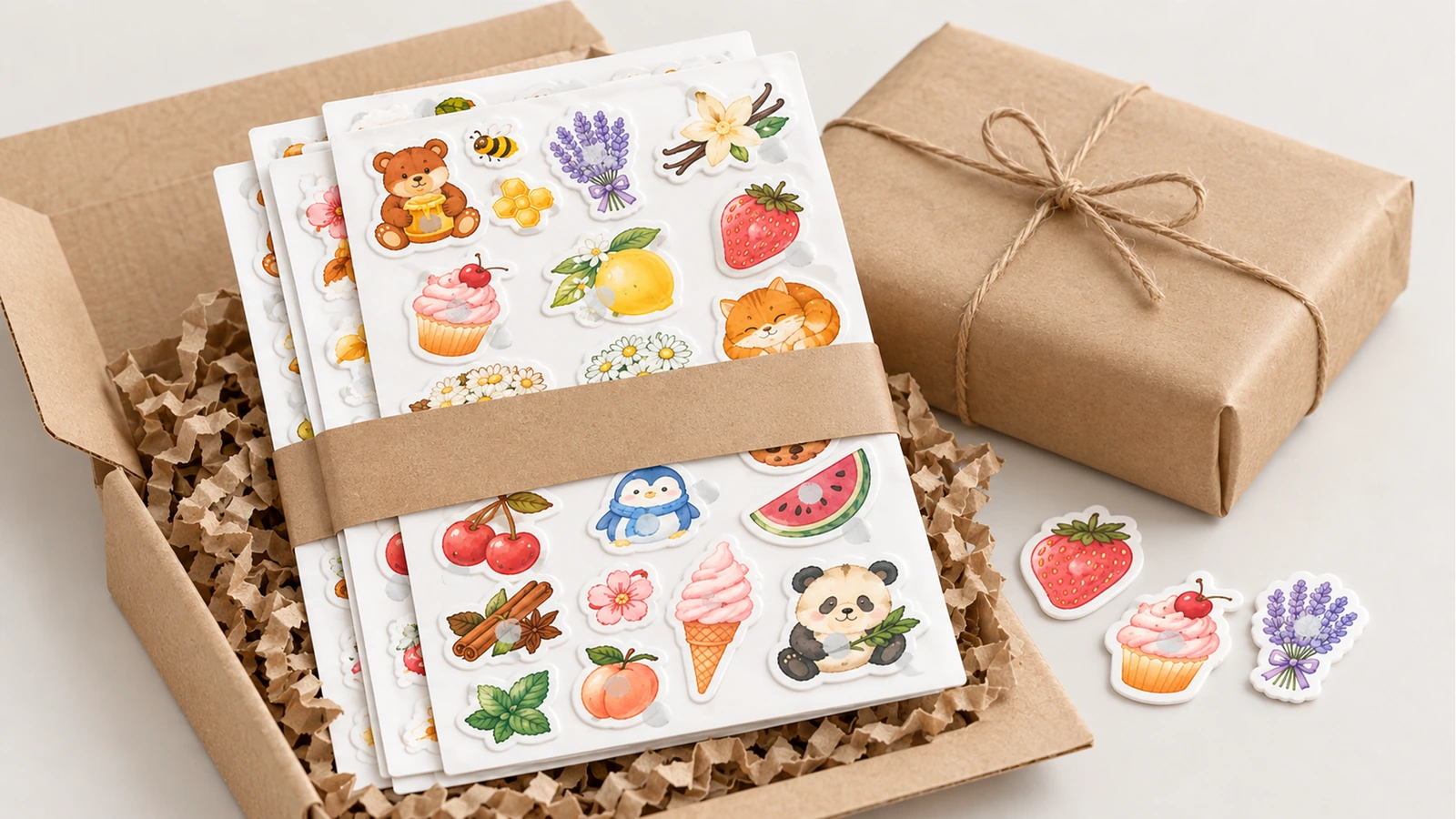 Planches d'autocollants illustrés maintenues par une bande de papier kraft dans une boîte ouverte, à côté d'une boîte attachée avec de la ficelle
