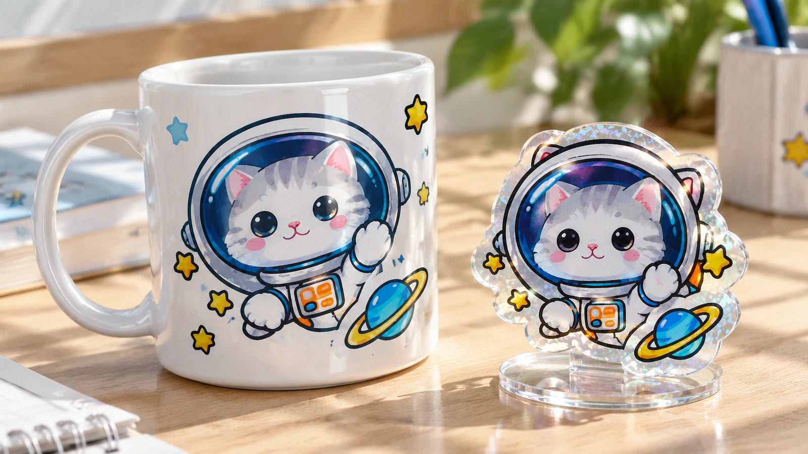Motif chat astronaute sur une tasse blanche, à côté d'une découpe identique présentée sur un support transparent