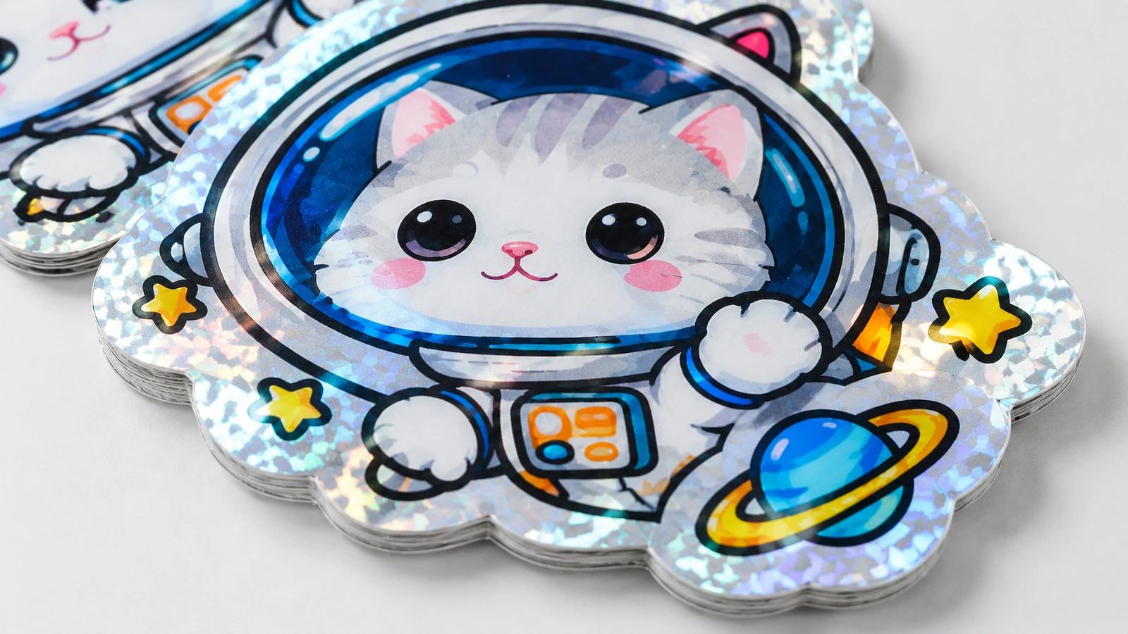 Gros plan d'autocollants chat astronaute empilés avec une bordure brillante à motifs, des étoiles et une planète bleue cerclée