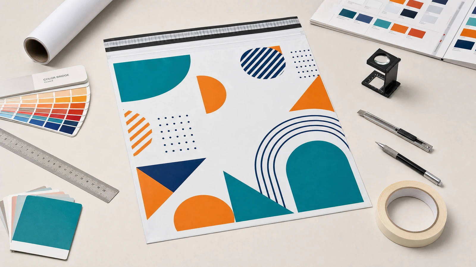 Illustration d'une pochette à motif géométrique à côté de nuanciers de couleurs, d'une règle et d'outils de création graphique