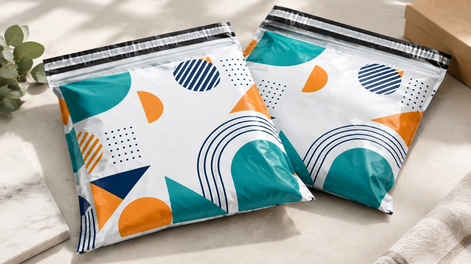 Illustration de deux pochettes à motif géométrique remplies à côté de cartons