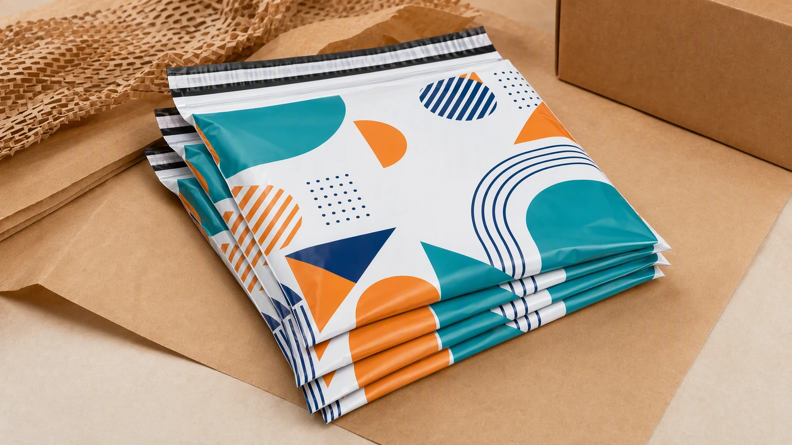 Illustration de pochettes à motif géométrique empilées sur papier kraft