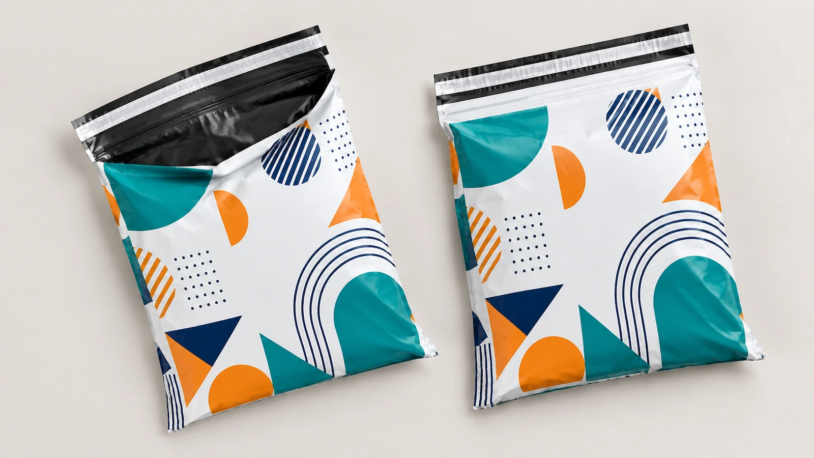 Illustration de pochettes à motif géométrique identiques, l'une ouverte et l'autre remplie