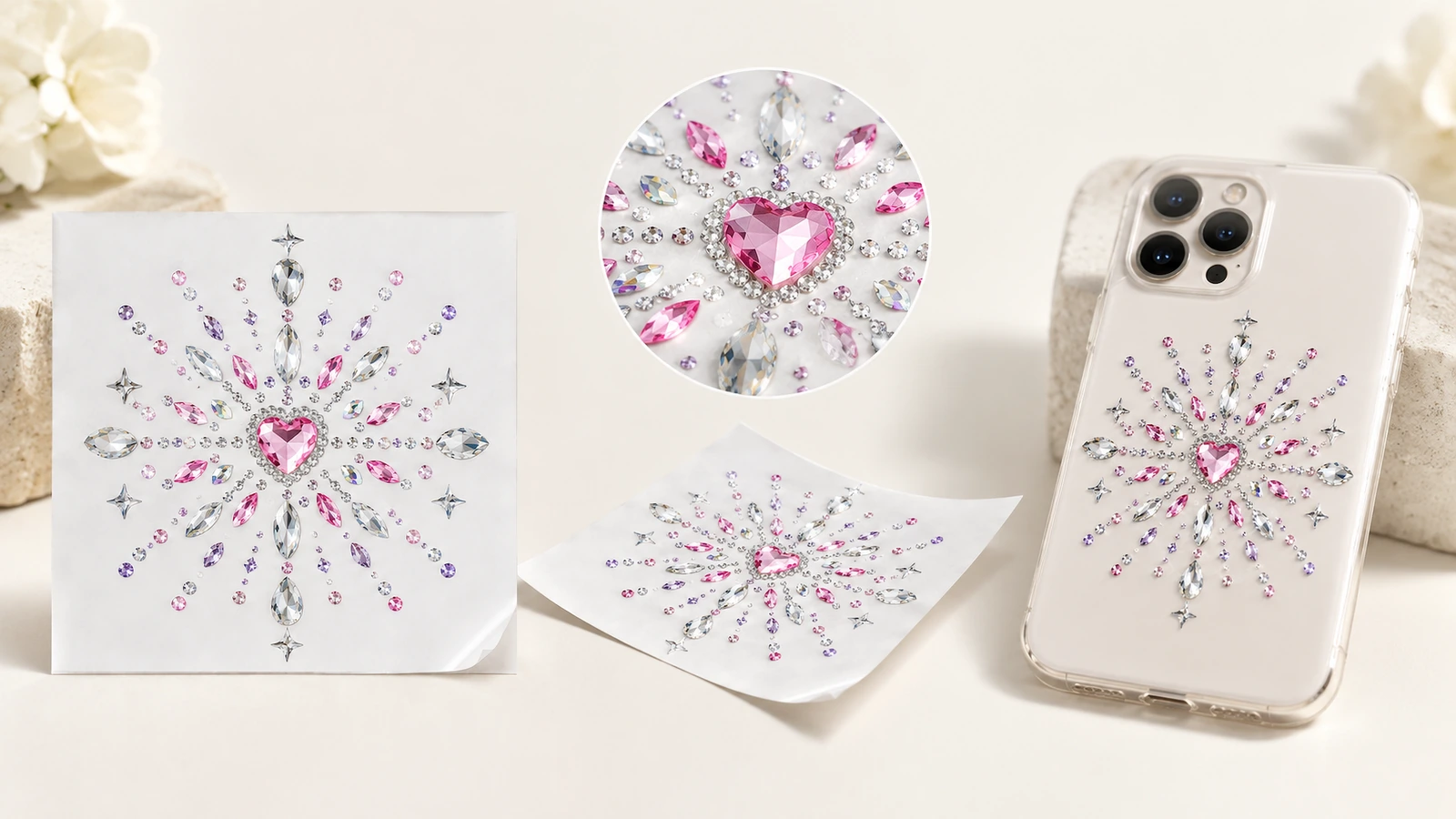 Motifs en strass à centre en forme de cœur sur des feuilles blanches et une coque de téléphone transparente, avec un encart de détail circulaire
