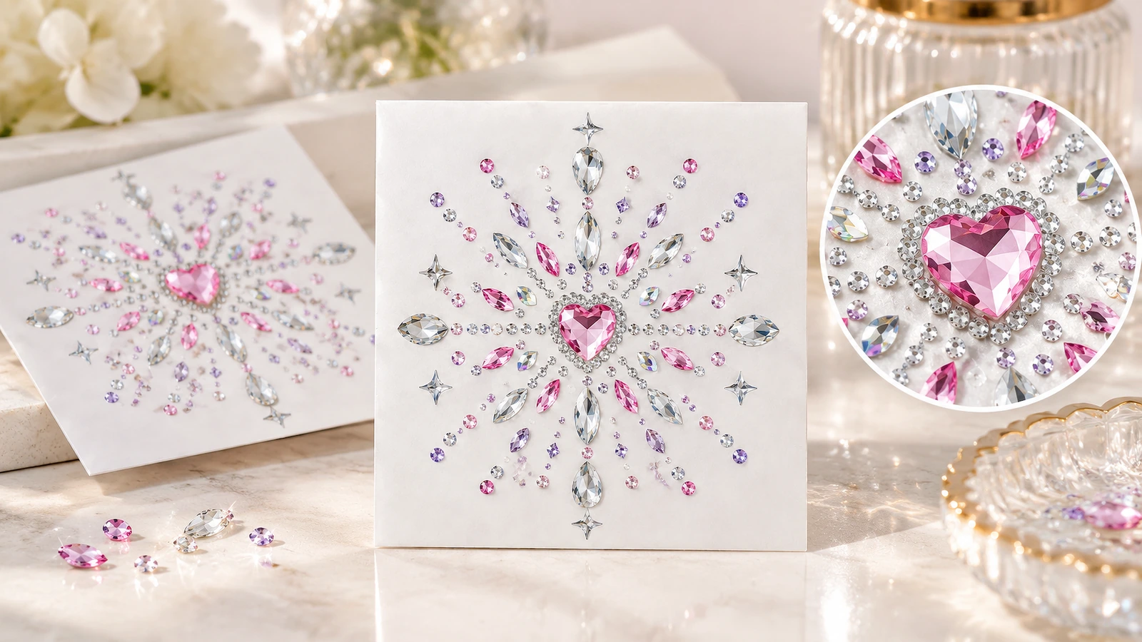 Motifs en strass à centre en forme de cœur présentés sur des feuilles blanches, avec un gros plan circulaire de la pierre centrale rose