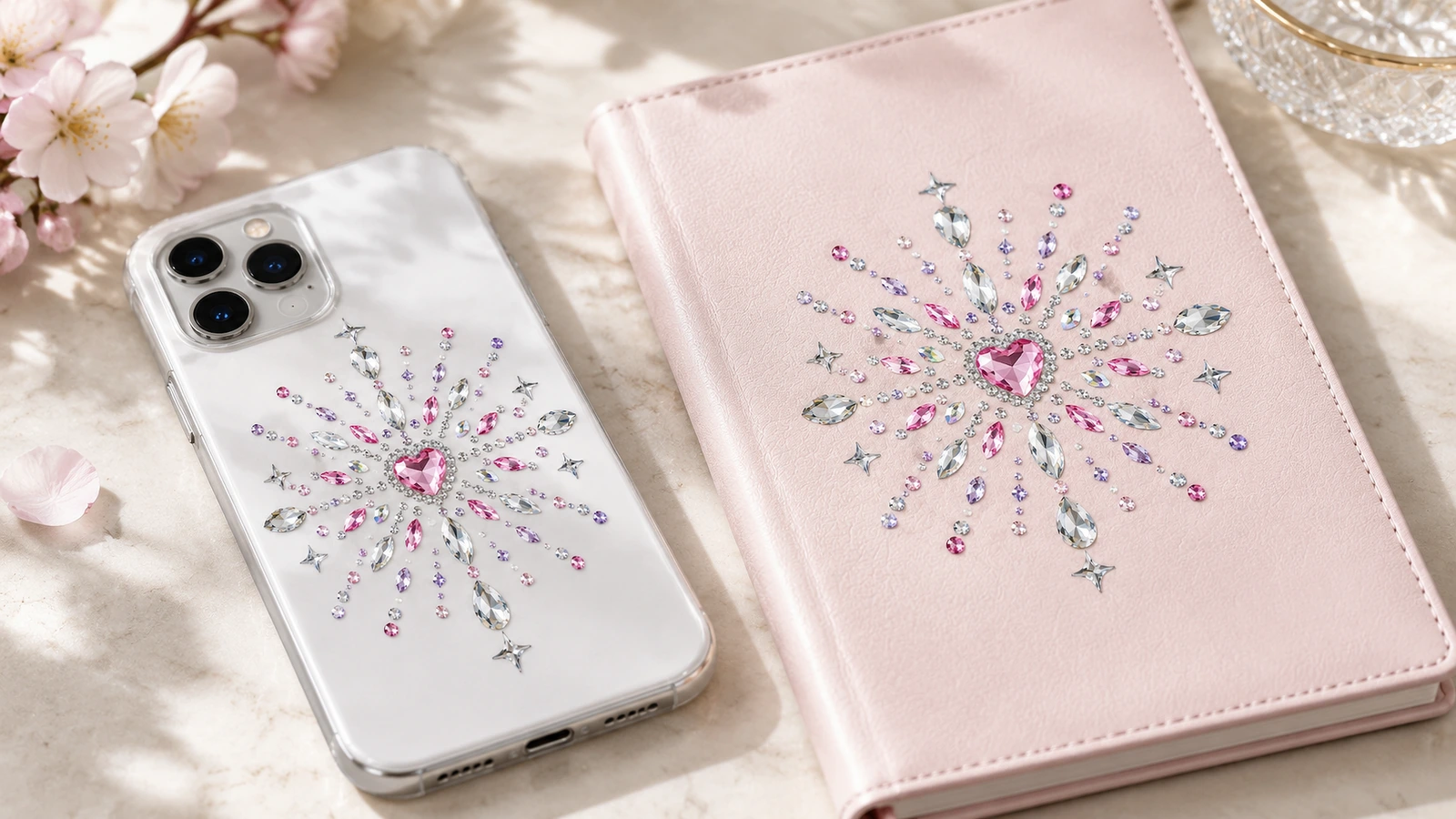 Motifs en strass roses assortis à centre en forme de cœur ornant une coque de téléphone transparente et un carnet rose