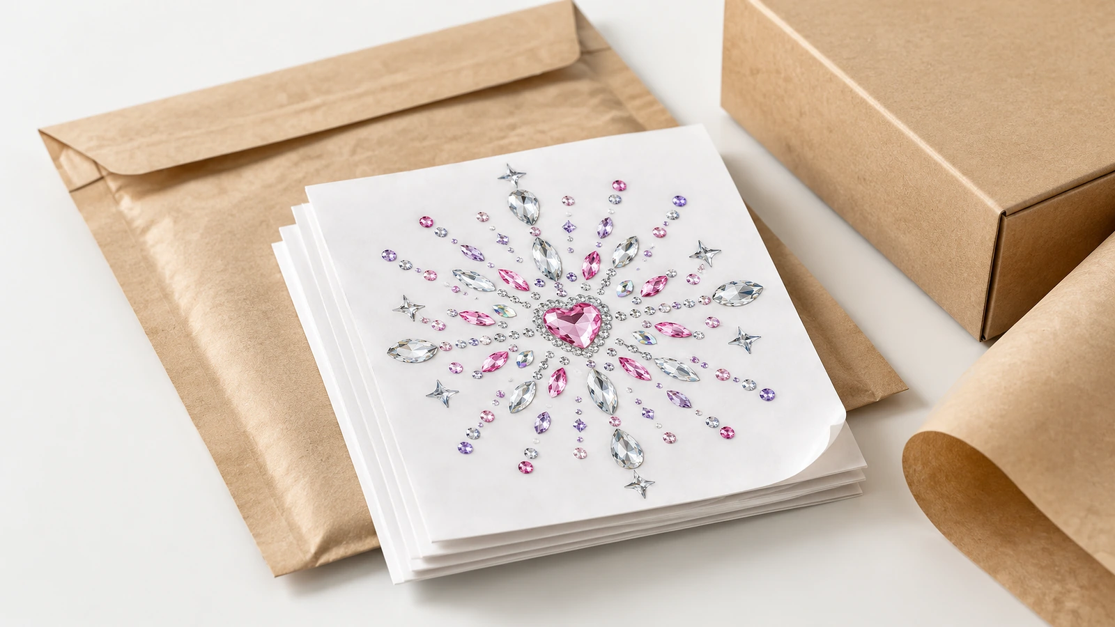 Une pile de feuilles blanches avec des motifs en strass à centre en forme de cœur, à côté d'une enveloppe kraft, d'une boîte et d'un rouleau de papier