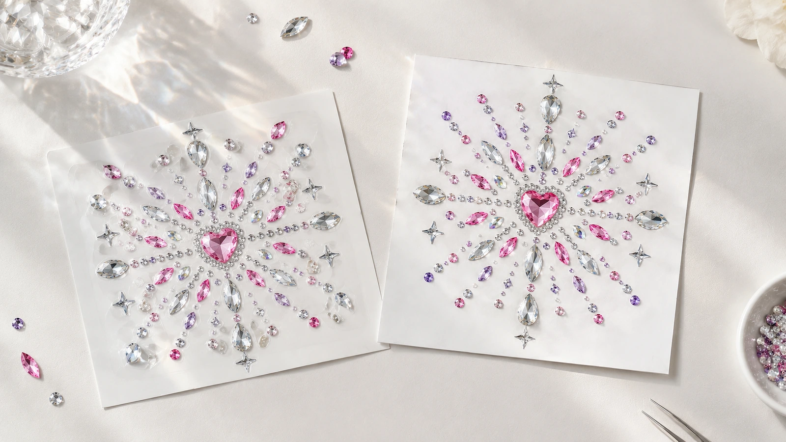 Deux motifs en strass assortis à centre en forme de cœur sur des feuilles blanches, avec des pierres roses, violettes et transparentes