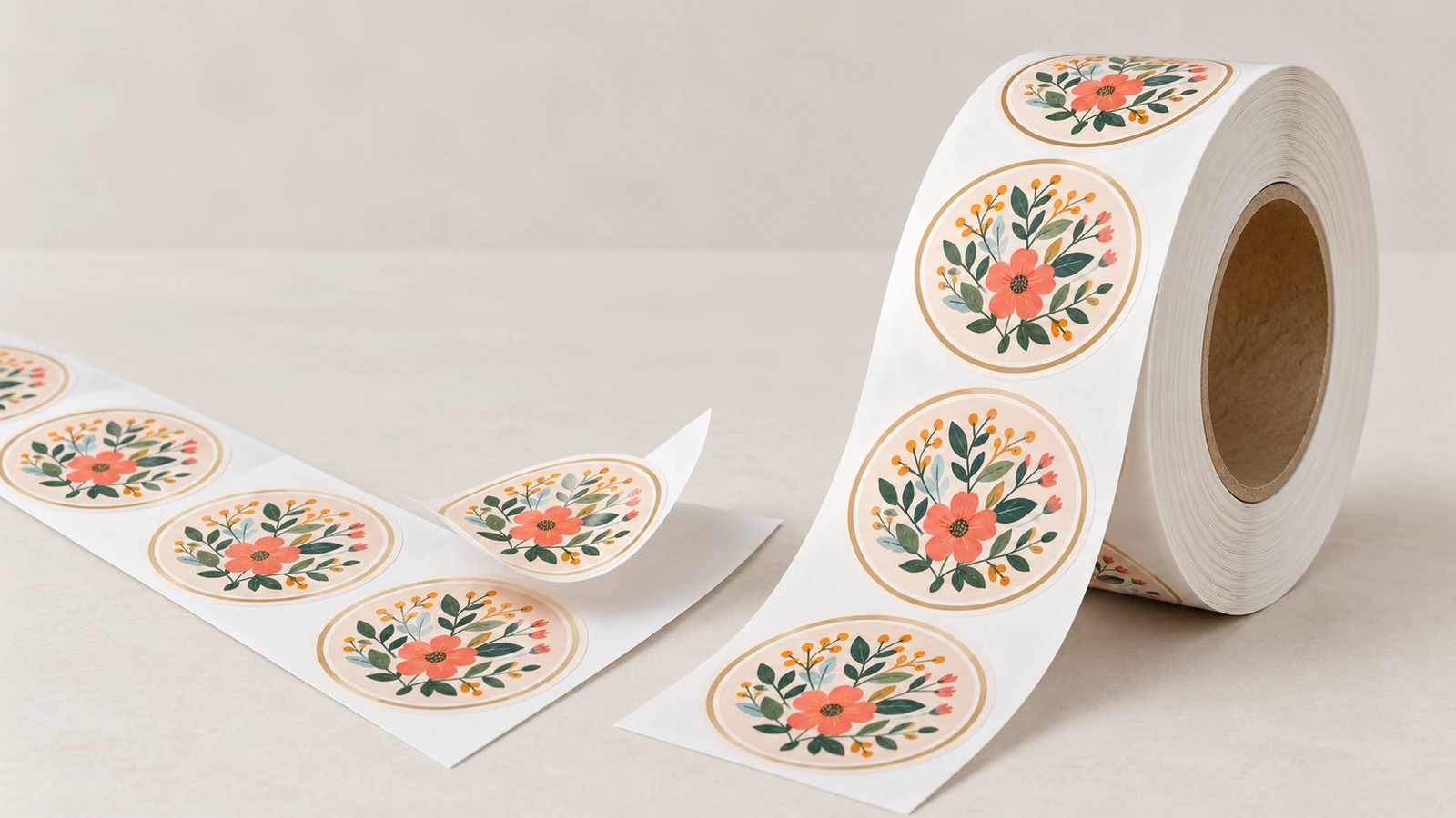 Étiquettes florales rondes sur une bande déroulée, avec une étiquette partiellement décollée à côté d'un rouleau debout