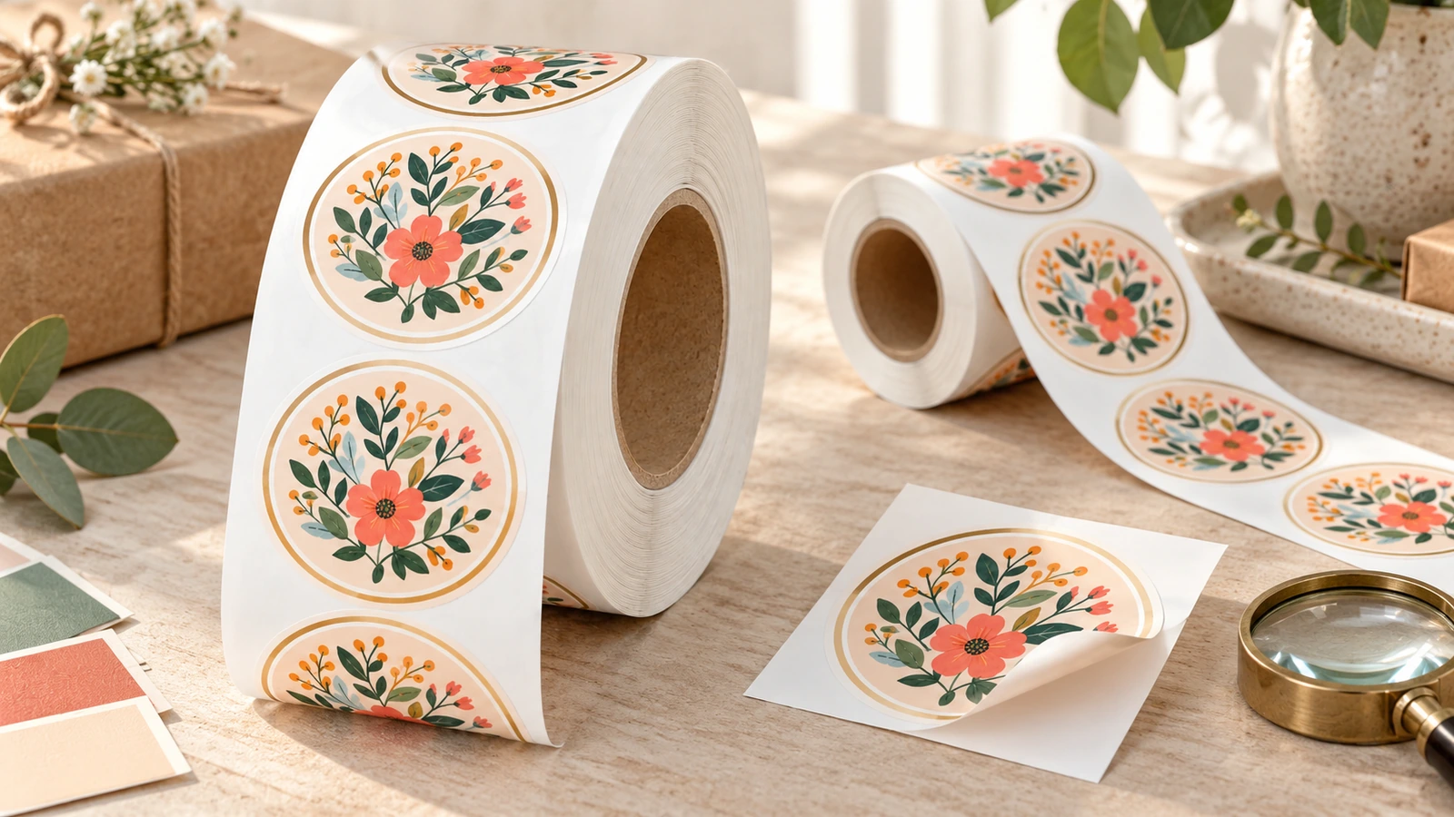 Rouleaux d'étiquettes florales et échantillon détaché sur une table en bois, avec des nuanciers et une loupe
