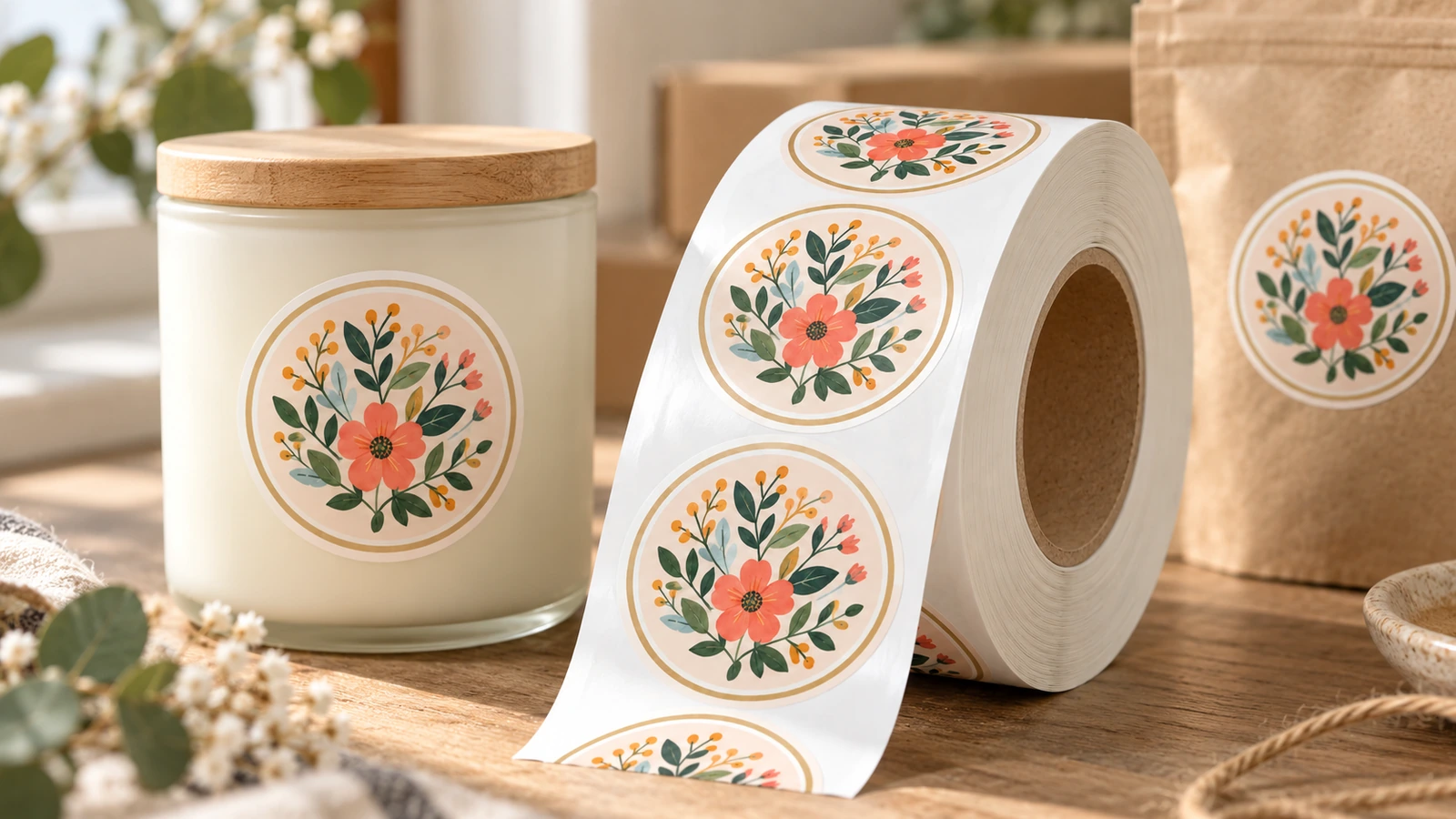 Un rouleau d'étiquettes florales à côté d'un pot de bougie et d'une pochette kraft portant des étiquettes rondes assorties