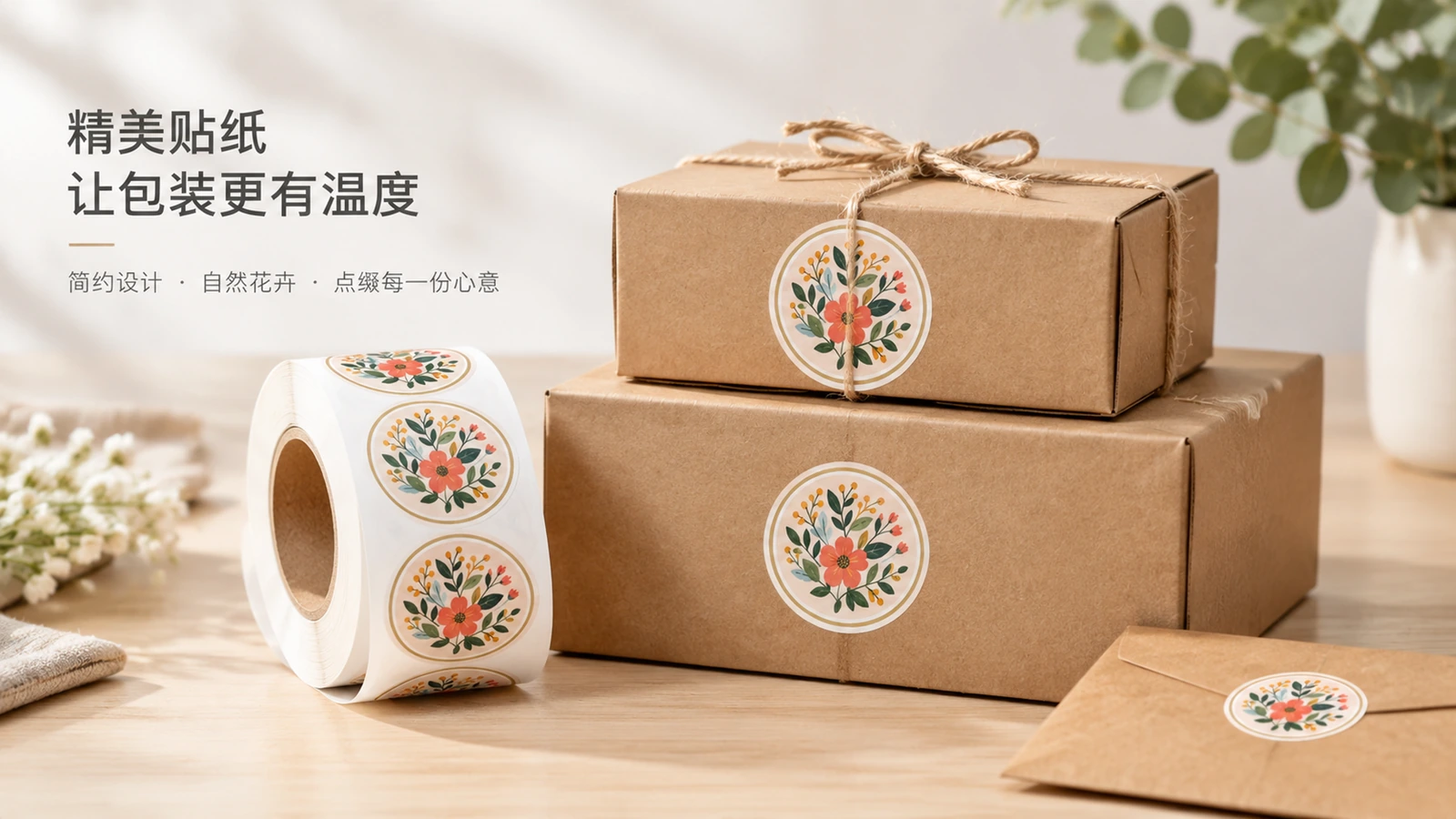 Rouleau d'étiquettes florales à côté de boîtes cadeaux kraft empilées et d'une enveloppe décorée d'étiquettes assorties