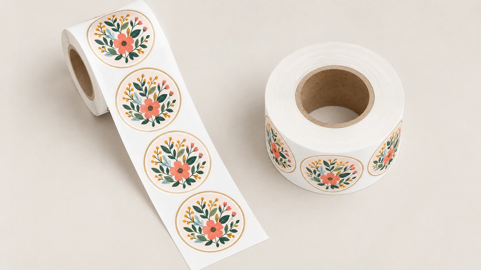 Deux rouleaux d'étiquettes florales rondes sur une surface claire, avec une bande déroulée d'un des rouleaux