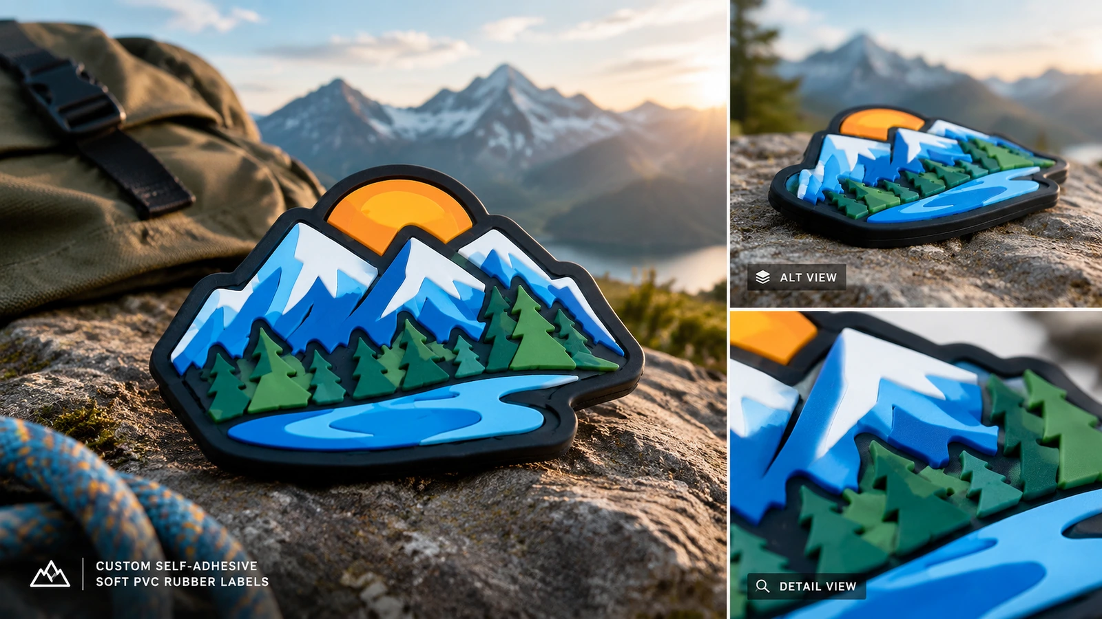 Étiquette au design montagne présentée sur un rocher à côté d'un sac à dos, avec vues alternatives et encarts de détail