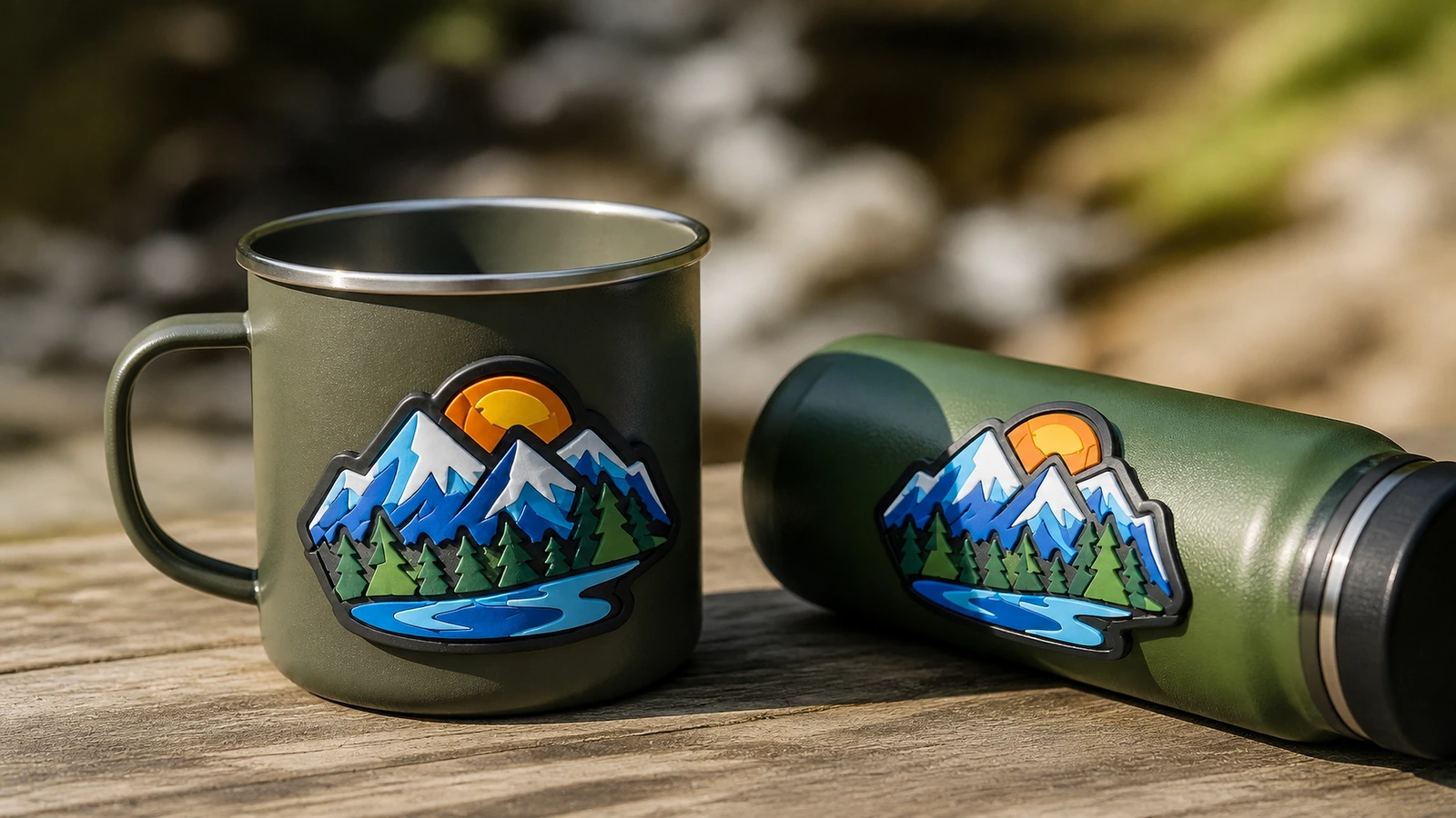 Étiquettes au design montagne présentées sur un mug et une bouteille de camping, à côté d'un ruisseau