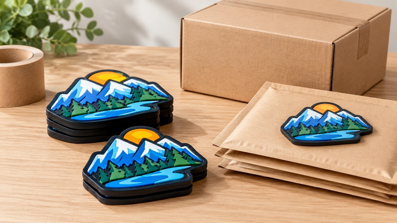 Piles d'étiquettes au design montagne à côté d'enveloppes kraft et d'un carton