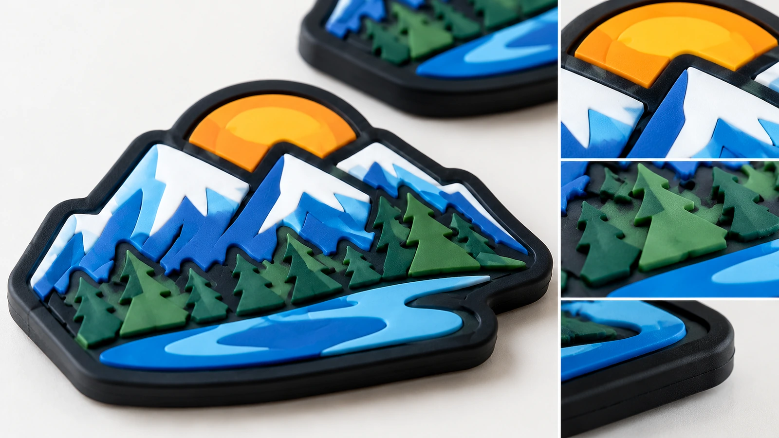 Gros plan d'une étiquette PVC souple au design montagne avec des encarts de détail du soleil, des montagnes, des arbres et de la rivière
