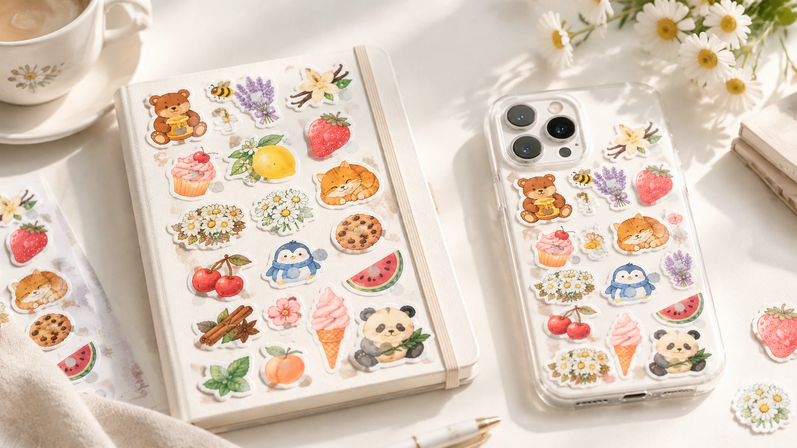 Motifs d'autocollants assortis de fruits, fleurs et animaux, présentés sur un carnet et une coque de téléphone transparente