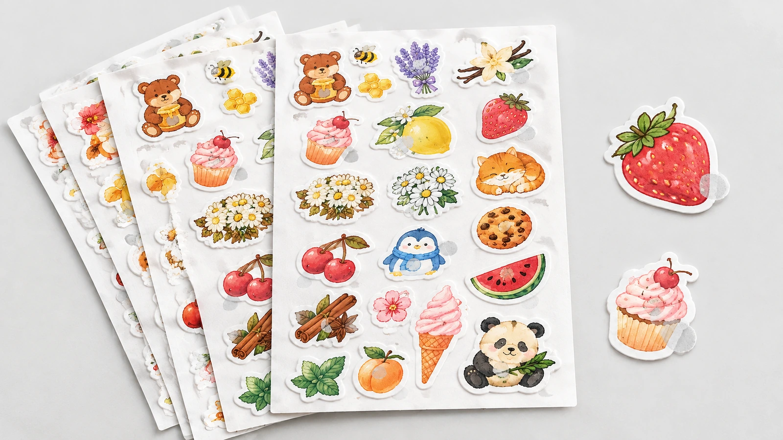 Vue de dessus de planches d'autocollants illustrés empilées, avec des autocollants séparés de fraise et de cupcake