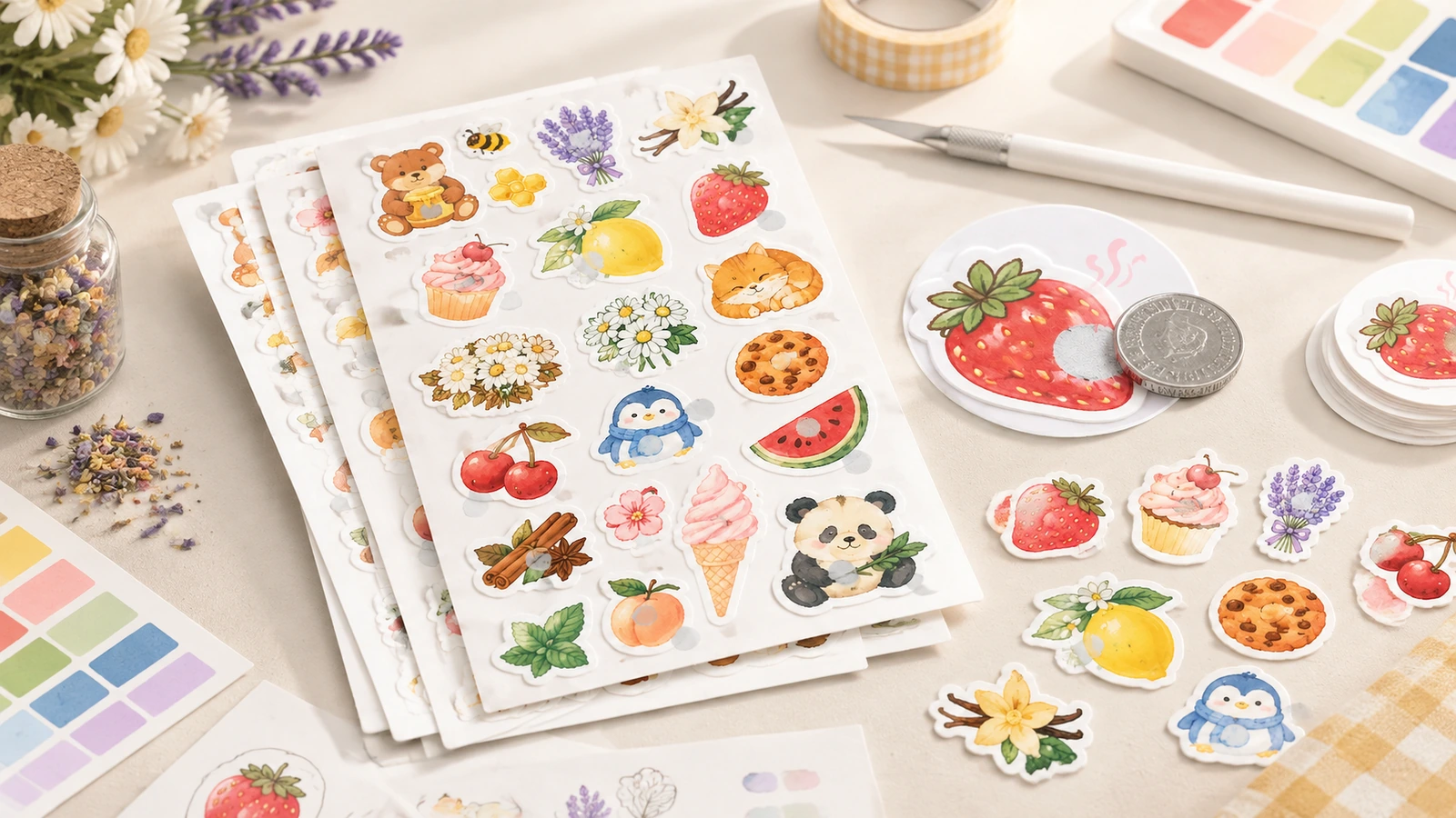 Planches d'autocollants illustrés et autocollants détachés de fruits, fleurs et animaux, disposés avec des nuanciers de couleurs et des outils de dessin