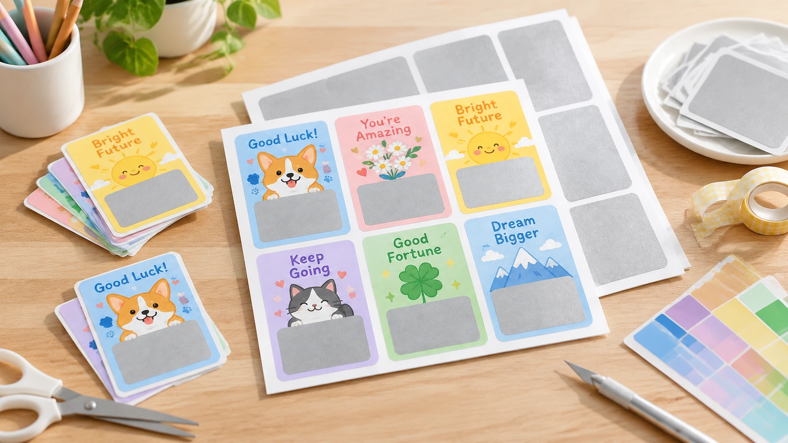 Cartes de récompense colorées avec zones à gratter argentées et feuilles de superposition de rechange sur une table de loisirs créatifs