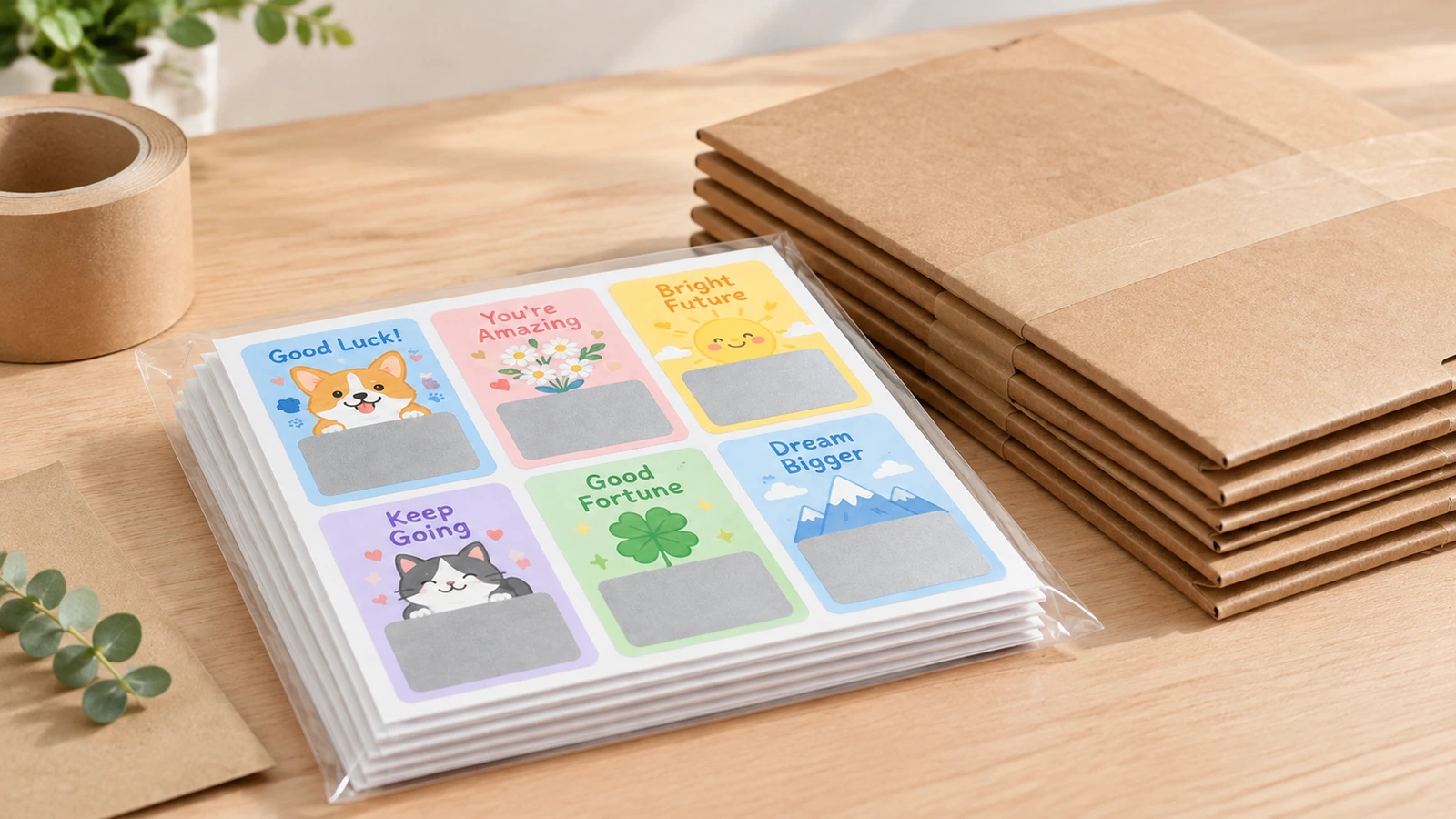 Feuilles de cartes de récompense dans des pochettes transparentes, à côté d'enveloppes d'expédition en carton brun empilées