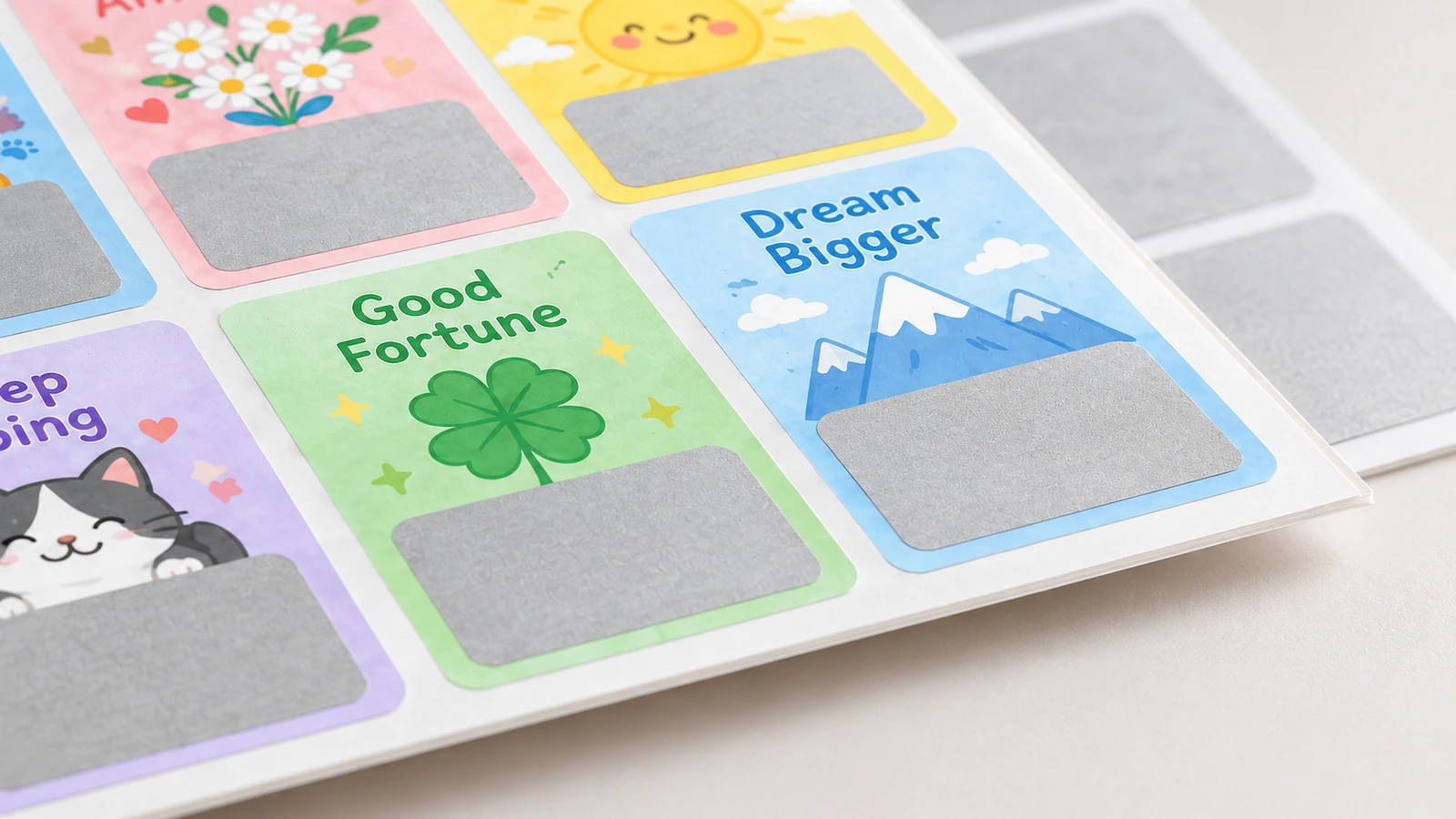 Gros plan de cartes de récompense illustrées avec des zones à gratter argentées rectangulaires