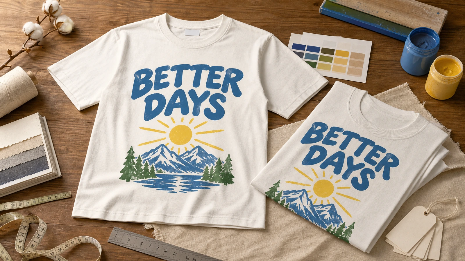 T-shirts crème imprimés et pliés à côté de conteneurs d'encre, de nuanciers et d'échantillons de tissu