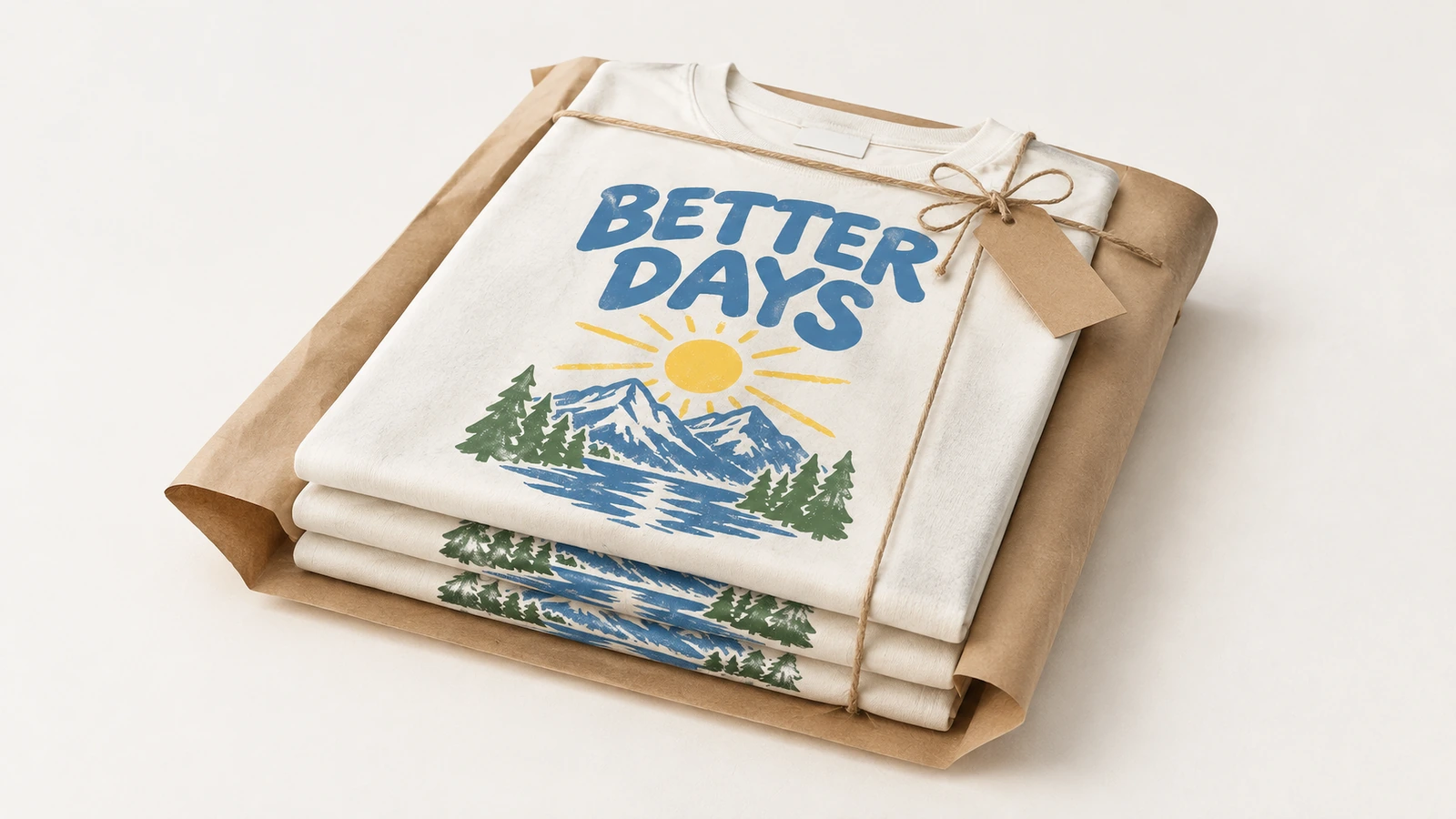 T-shirts imprimés pliés, emballés dans du papier kraft et noués avec de la ficelle