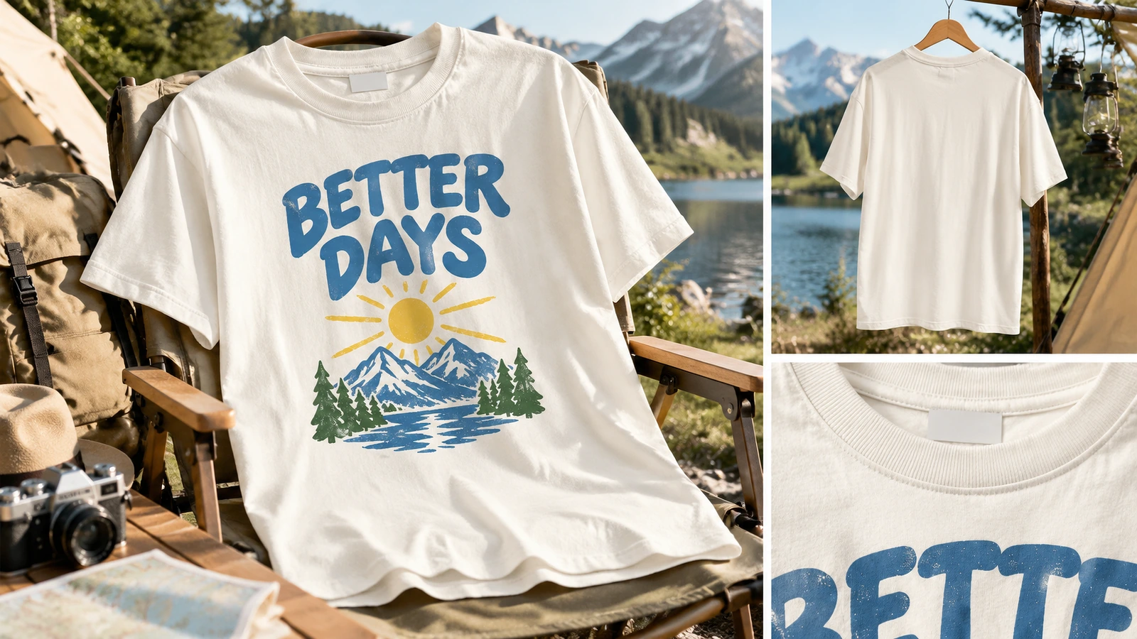 Présentation extérieure de T-shirts avec encarts du dos uni et du détail de l'encolure