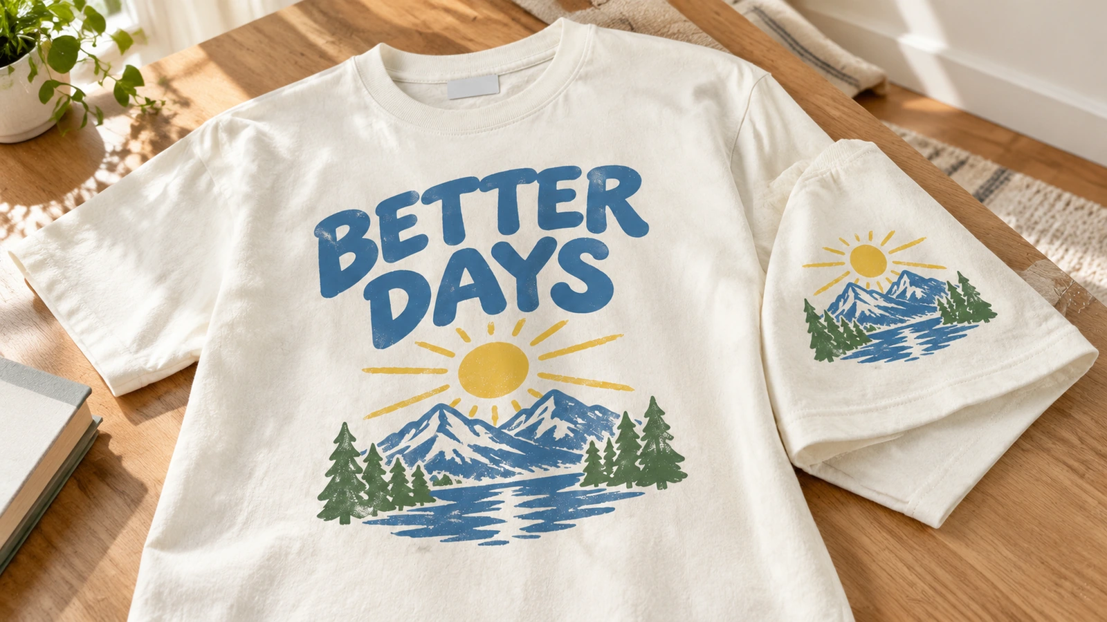 T-shirt crème imprimé à côté d'une chemise pliée avec un graphisme de montagne assorti