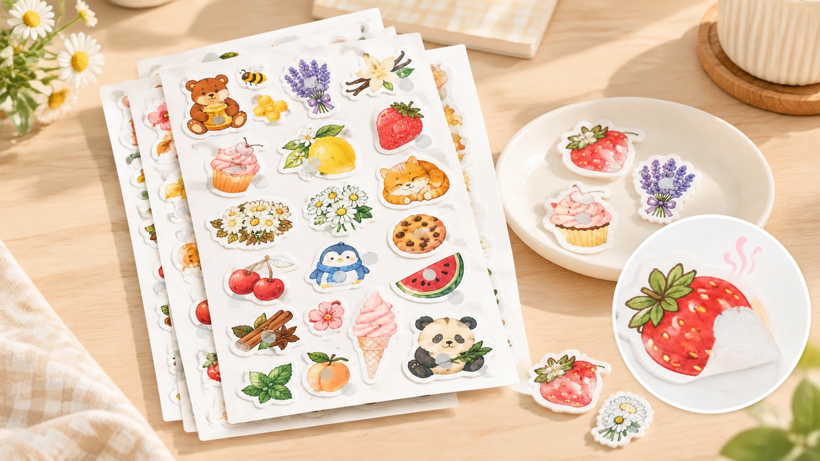 Planches d'autocollants illustrés et autocollants détachés sur une table en bois, avec un autocollant fraise agrandi et son support décollé