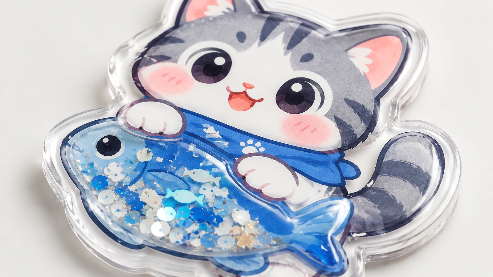 Gros plan d’un autocollant shaker chat et poisson montrant le visuel imprimé, le rebord surélevé transparent et les paillettes bleues