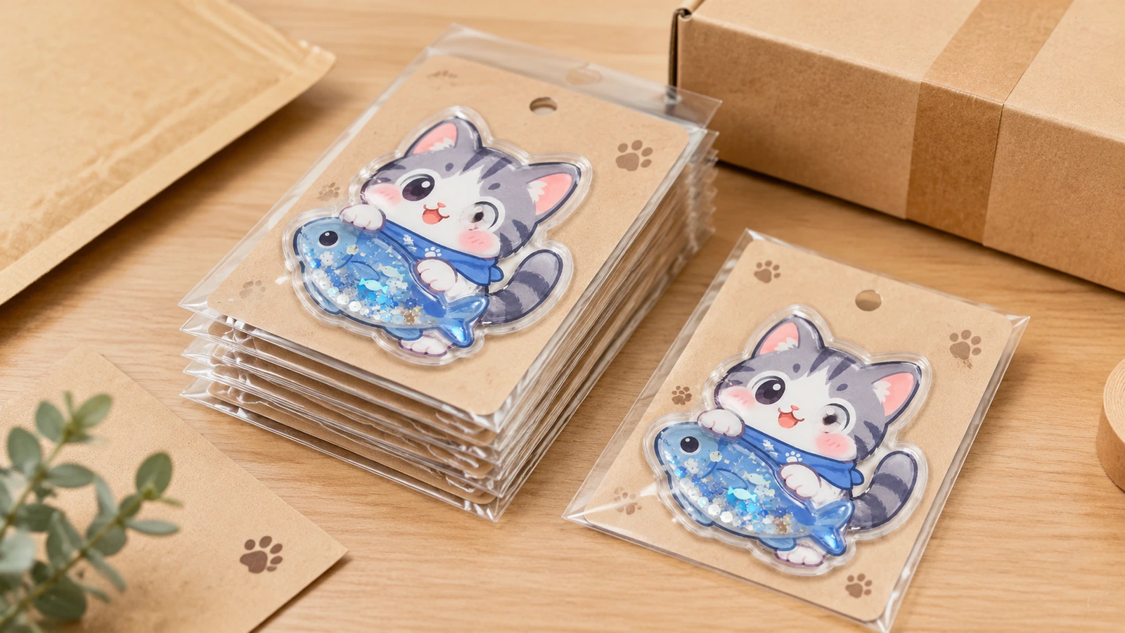 Autocollants shaker chat et poisson emballés individuellement avec cartes de support en kraft dans des pochettes transparentes, à côté d’un carton