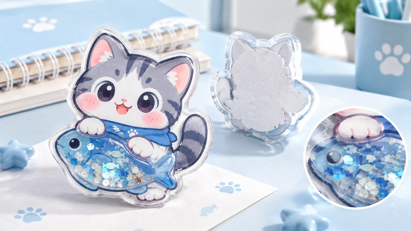 Vues de face et de dos de l’autocollant shaker chat et poisson, avec un gros plan circulaire des paillettes bleues sur un bureau bleu pâle
