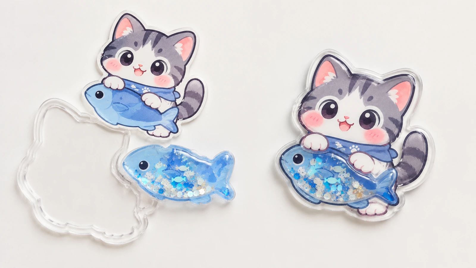 Pièce imprimée chat et poisson, coque blister transparente, section poisson remplie de bleu et autocollant shaker assemblé, disposés sur une surface blanche