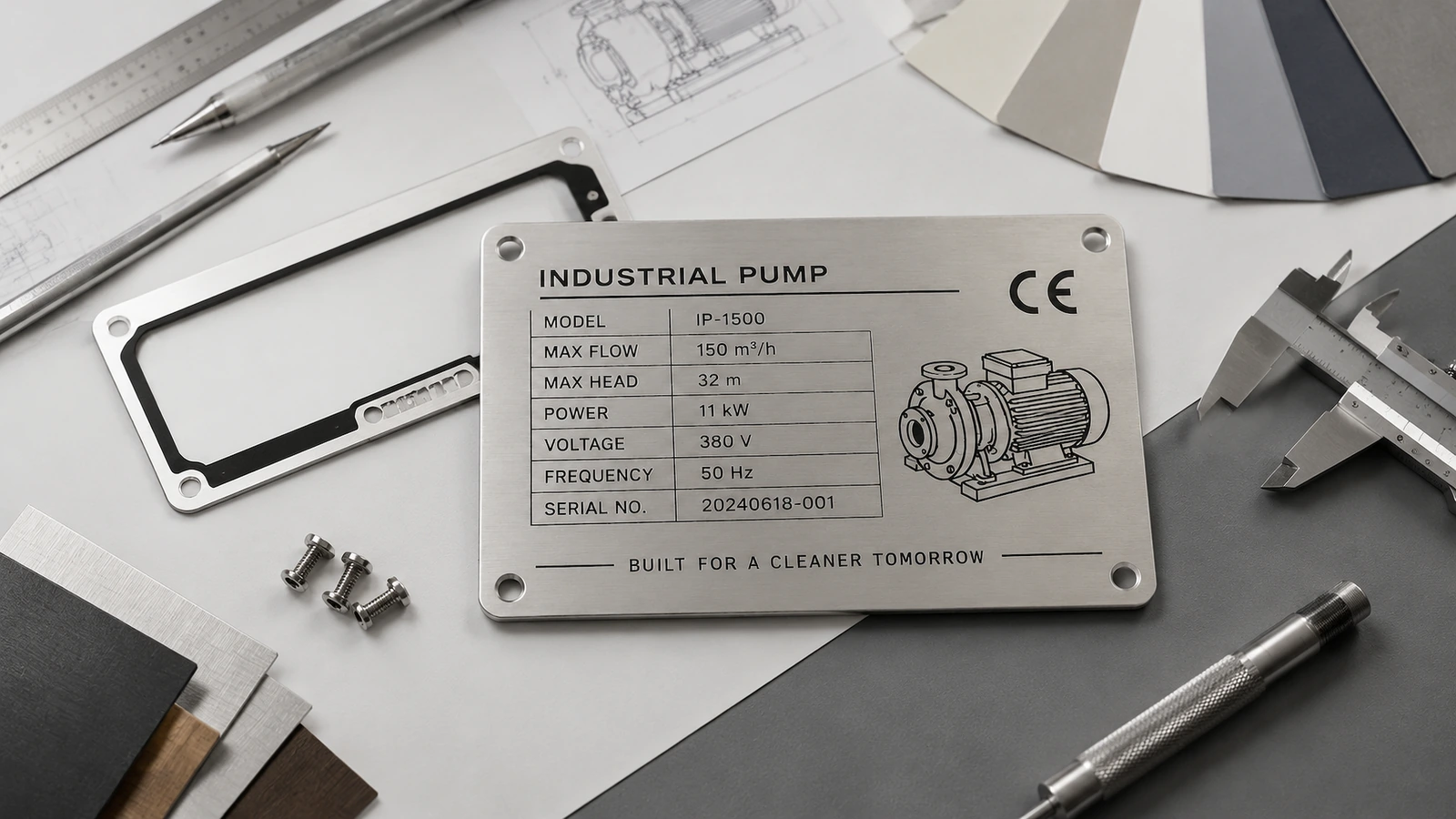 Plaque signalétique de pompe industrielle en acier inoxydable, dotée de quatre trous de fixation, posée sur un établi à côté de plans, de pieds à coulisse et de visserie