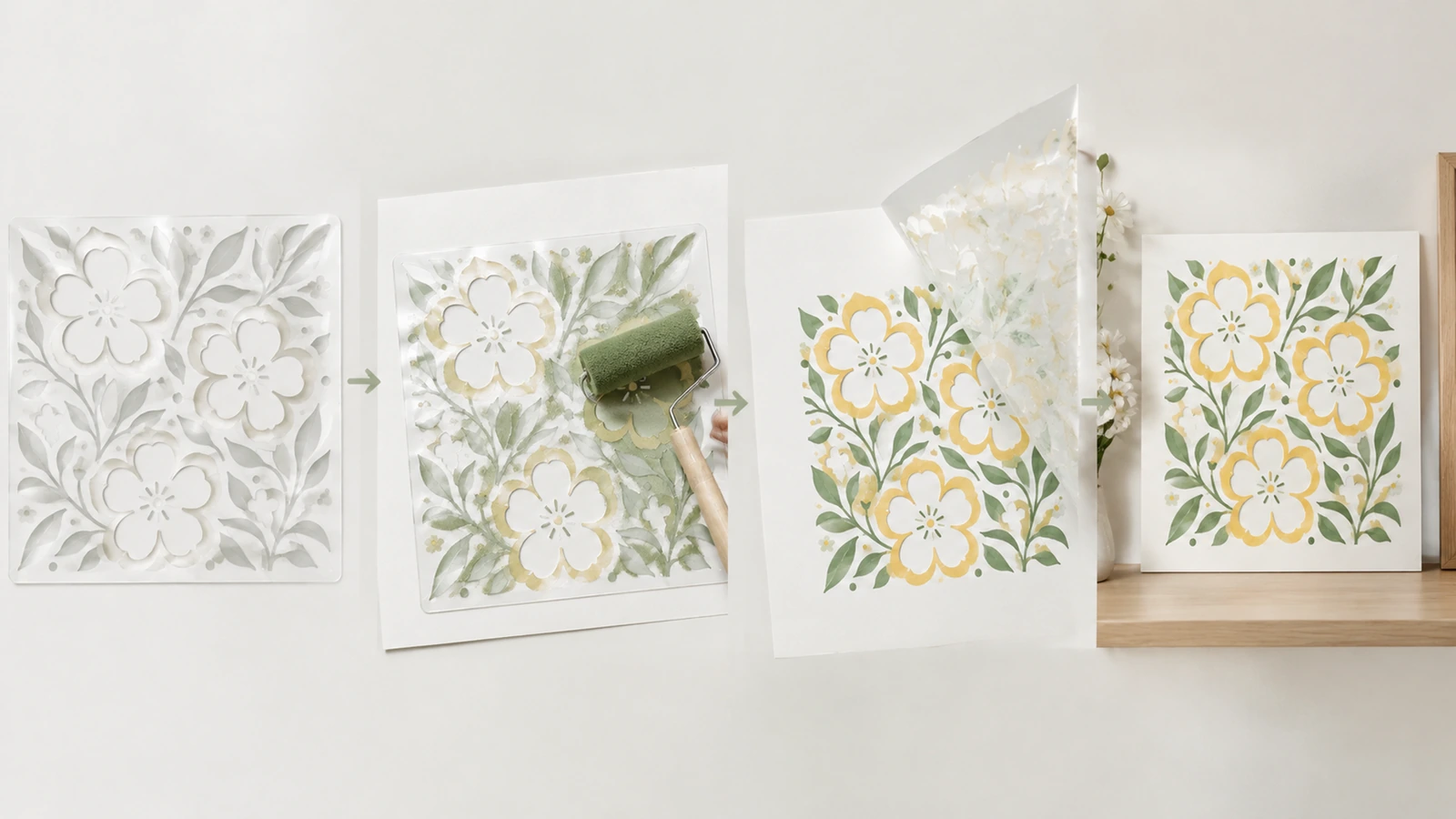 Démonstration en 4 panneaux d'un pochoir floral : application au rouleau, soulèvement de la feuille et motif floral fini